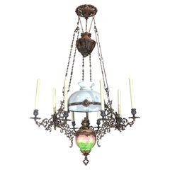 Iron, Majolica & Glass Chandelier for oil and candles