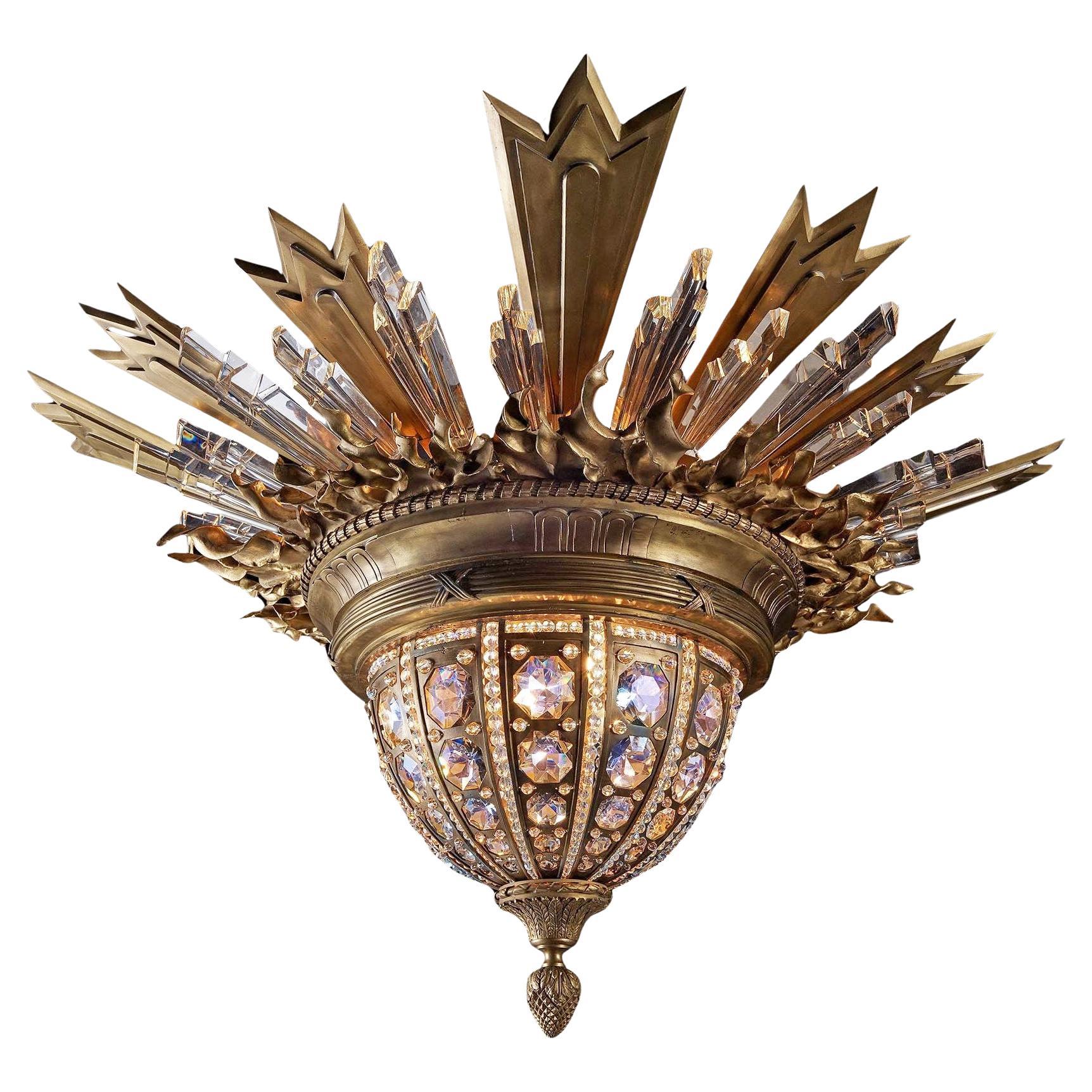 An Exquisite Gilt Bronze & Crystal Pendant/Plafonnier by Charles Blanc For Sale