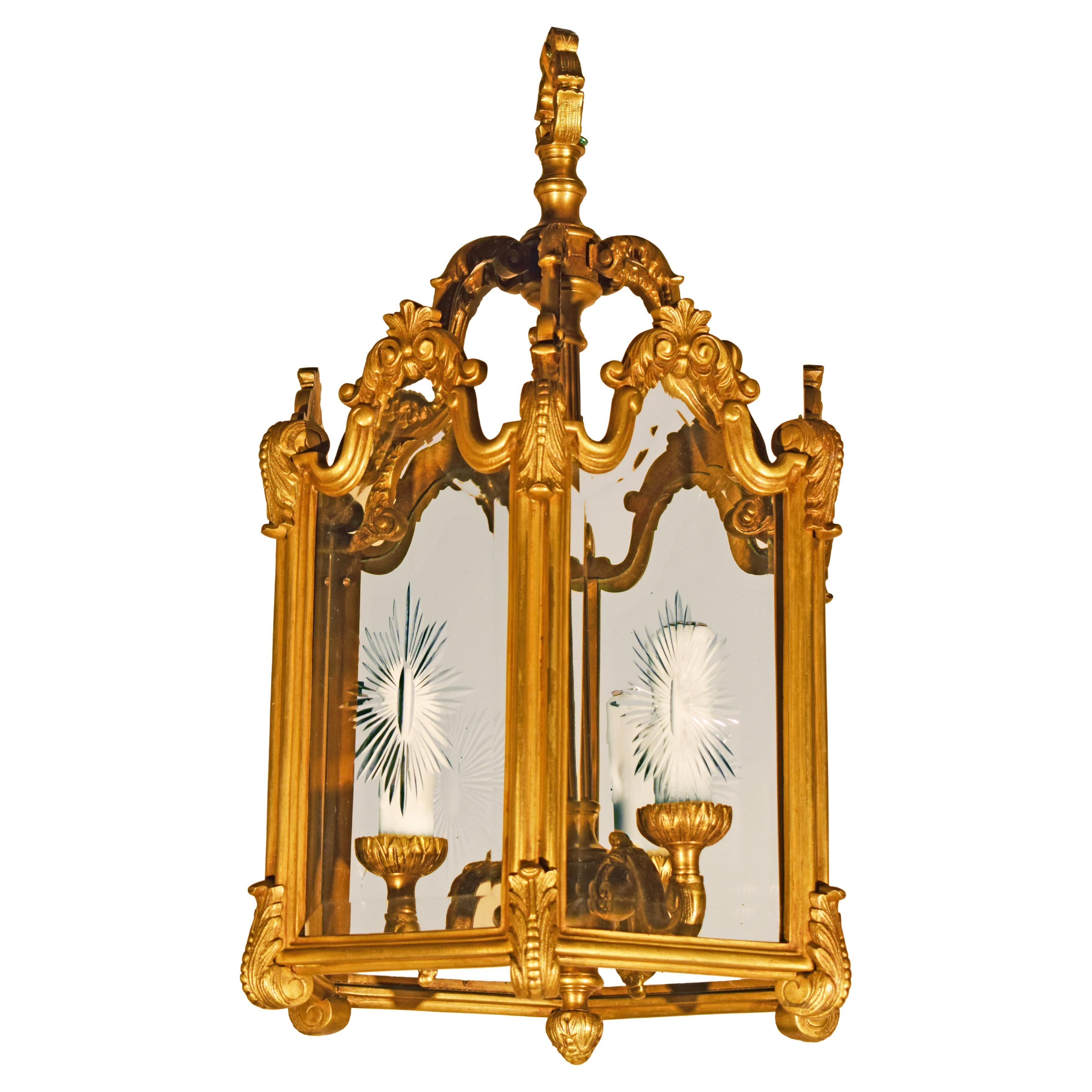 Hexagonal Gilt Bronze Lantern with Hand Cut Panels. en vente