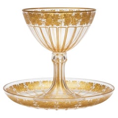 Intaglio & Gilt Bohemian Crystal Pedestal Bowl & Matching Plate