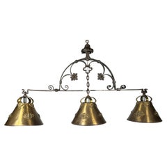 Antique Arts & Crafts Three-Light Billiard Chandelier - Hand Hammered Brass & Br