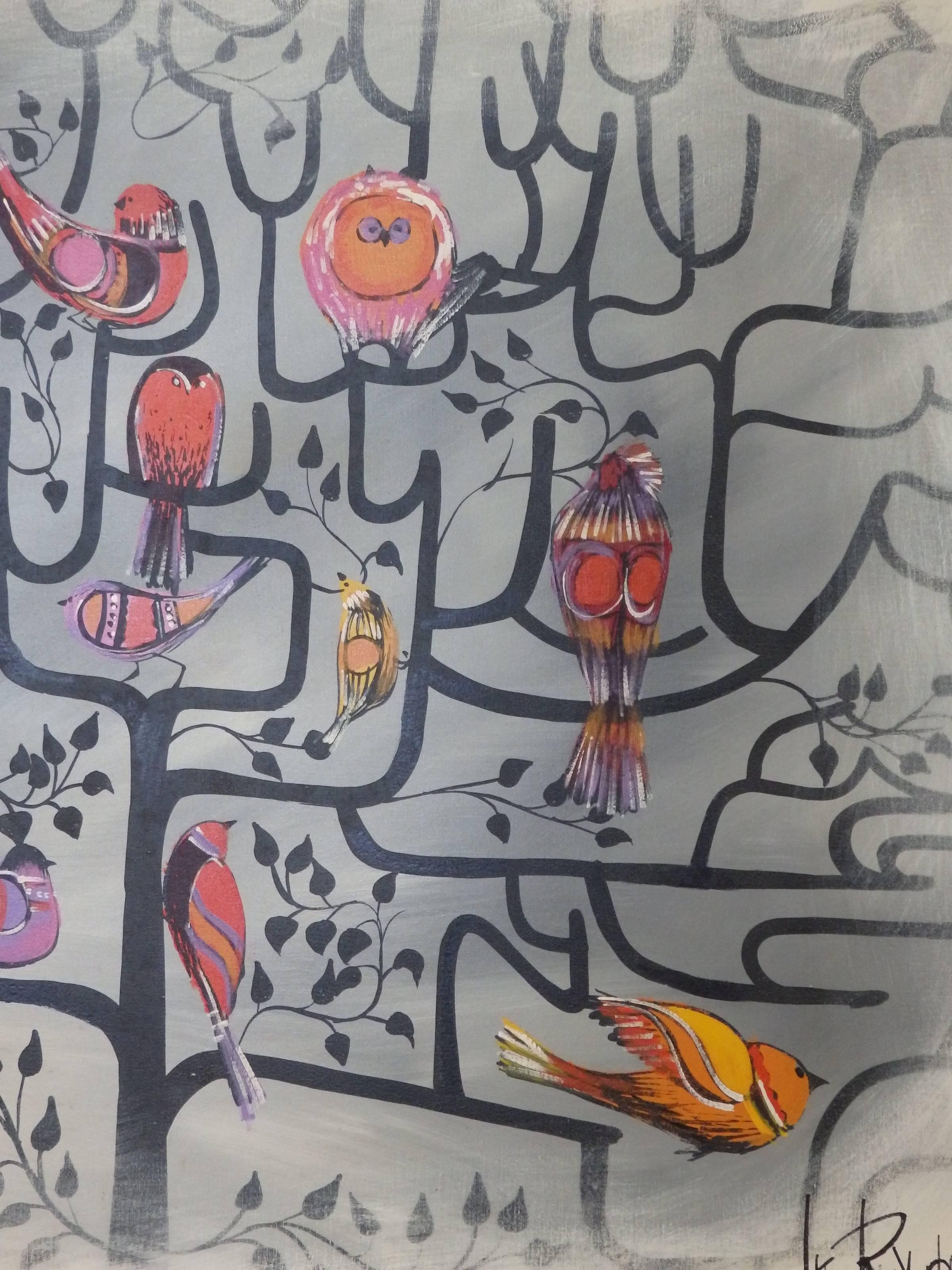 Large Lee Reynolds painting colorful birds sitting in a tree of life.