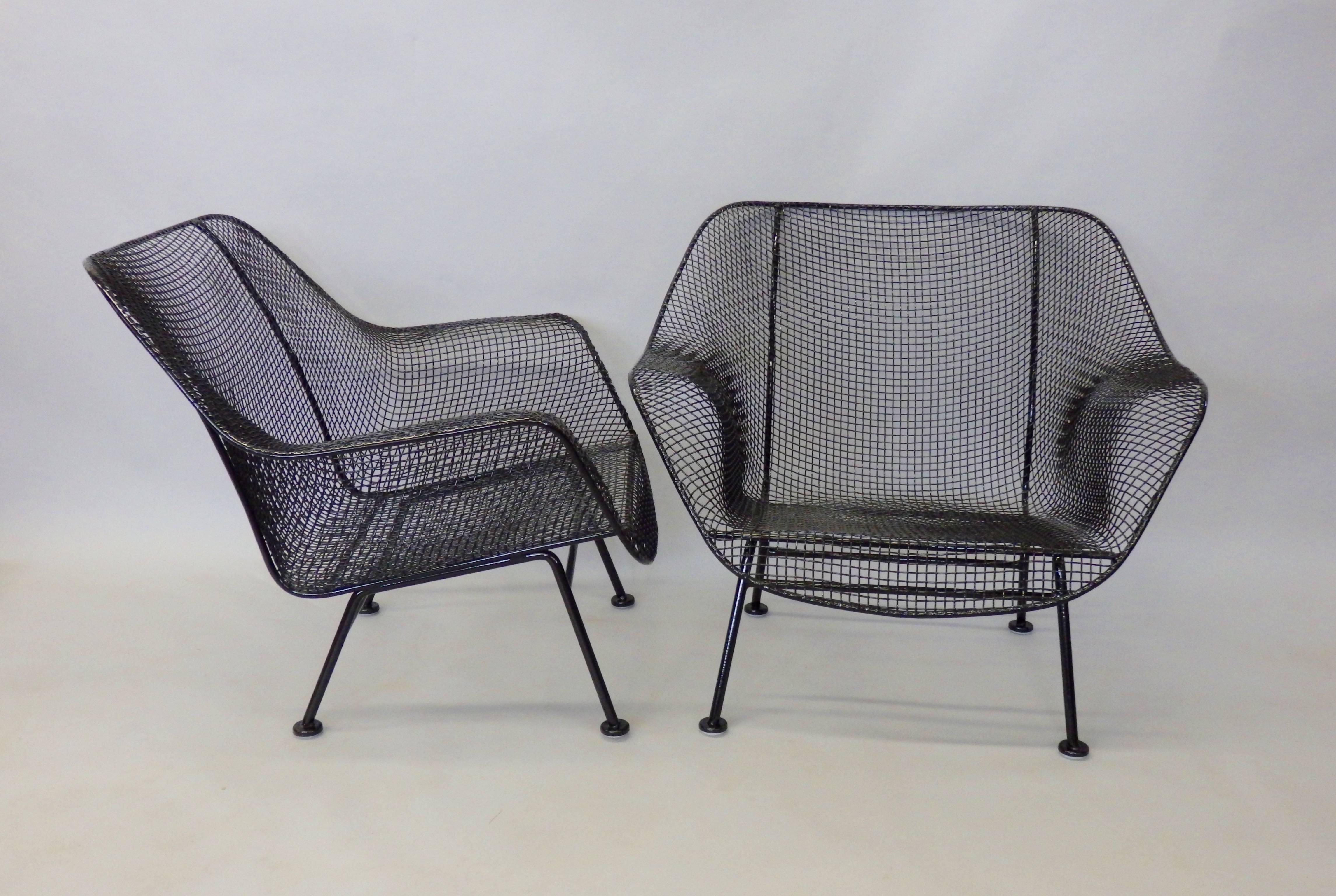 Mid-Century Modern Nicely Restored Russell Woodard Wrought Iron with Steel Mesh Lounge Chairs
