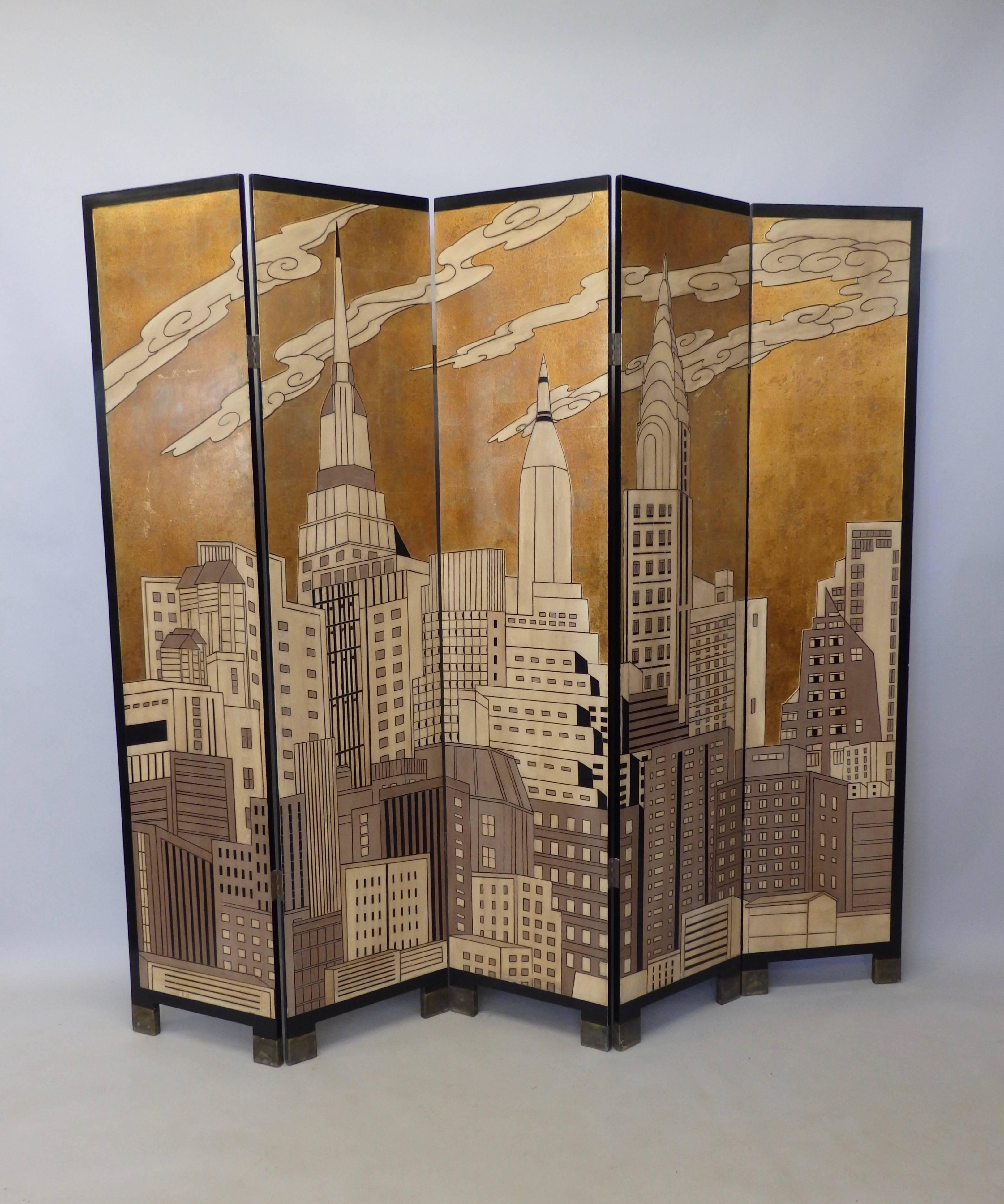 Six-panel folding screen with New York skyline on one side. Asian theme flowers and birds on the other. Excellent original condition.