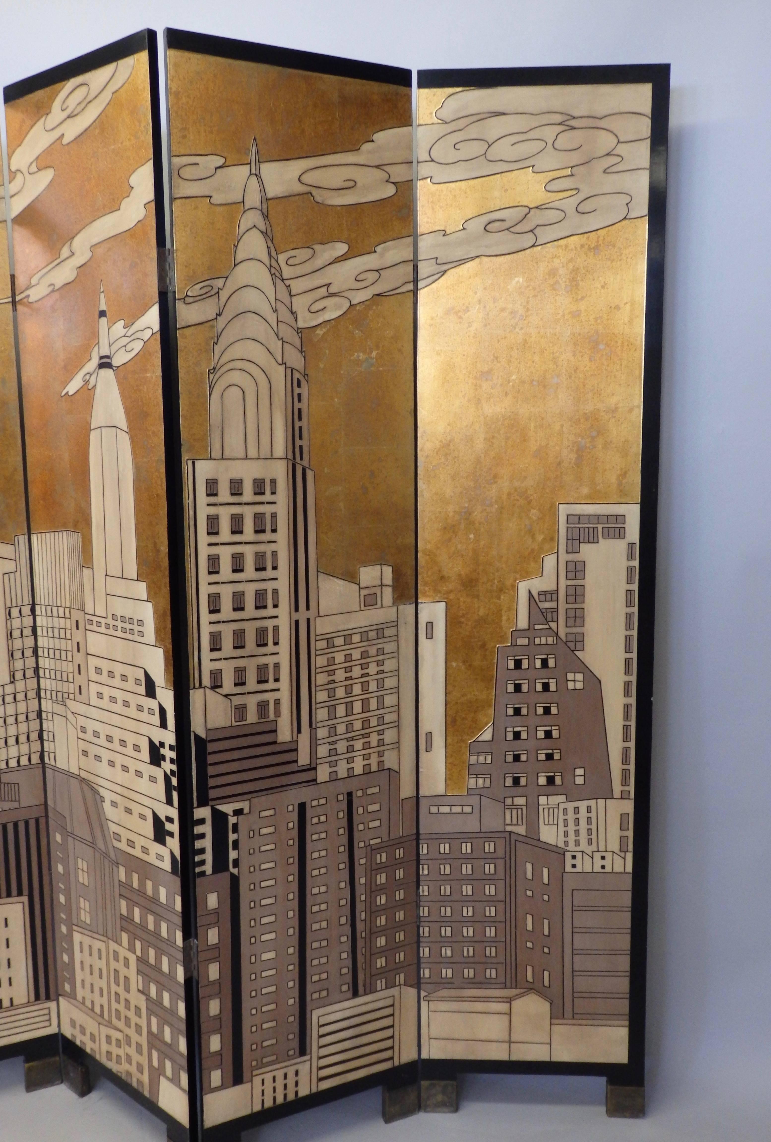 Art Deco Six-Panel New York Skyline Folding Screen
