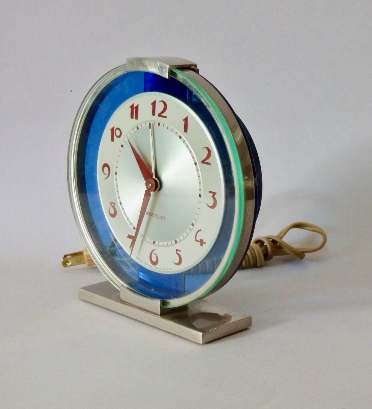 Blue Mirror with Chrome Art Deco Clock In Excellent Condition In Ferndale, MI