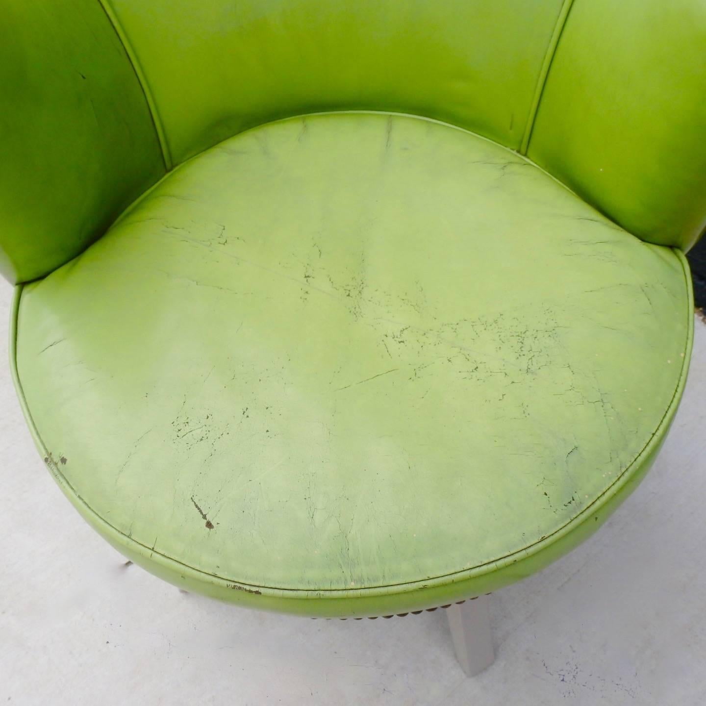 Leather Worn Apple Green Art Deco Swivel Chair