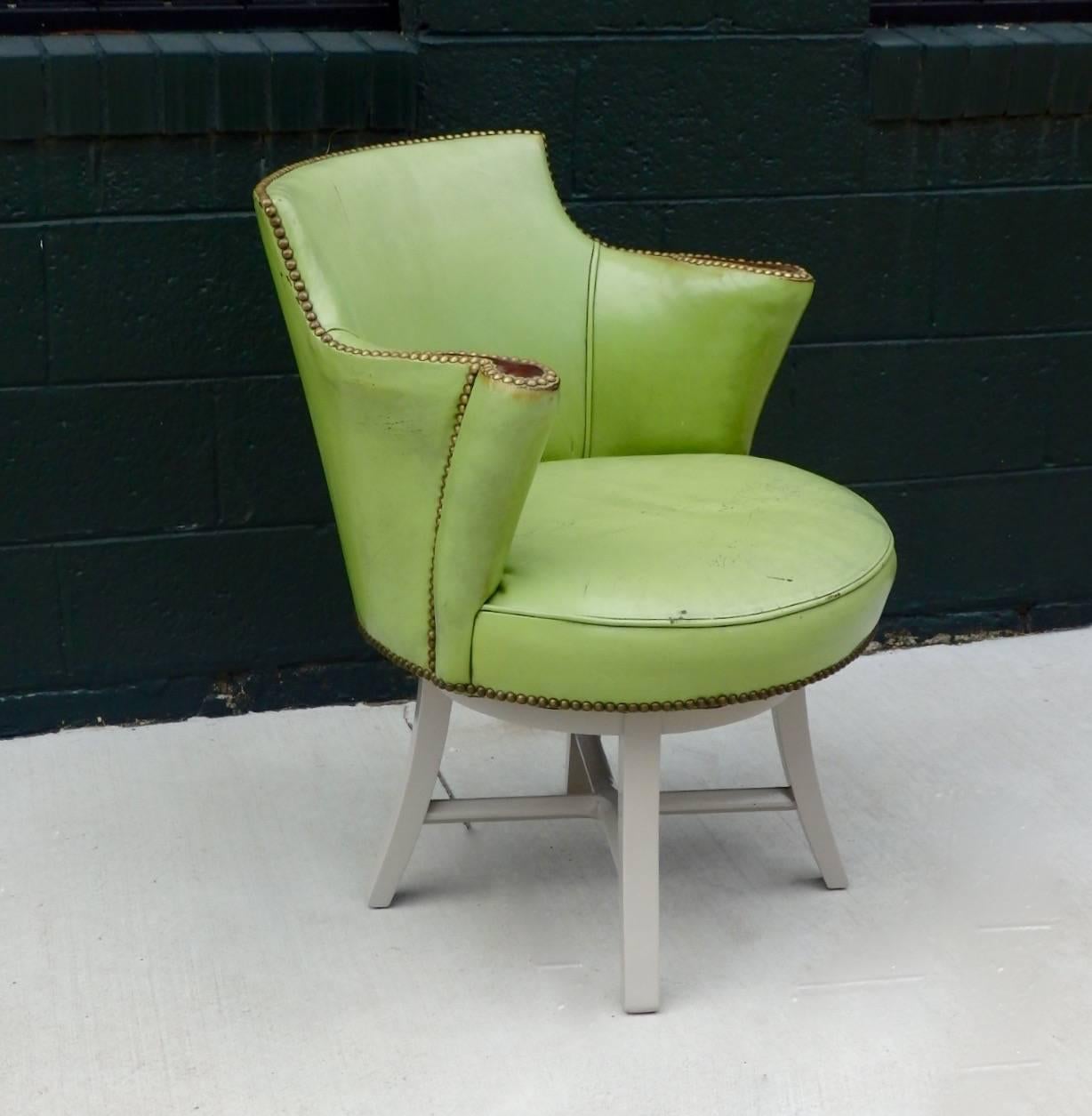 Worn Apple Green Art Deco Swivel Chair 1