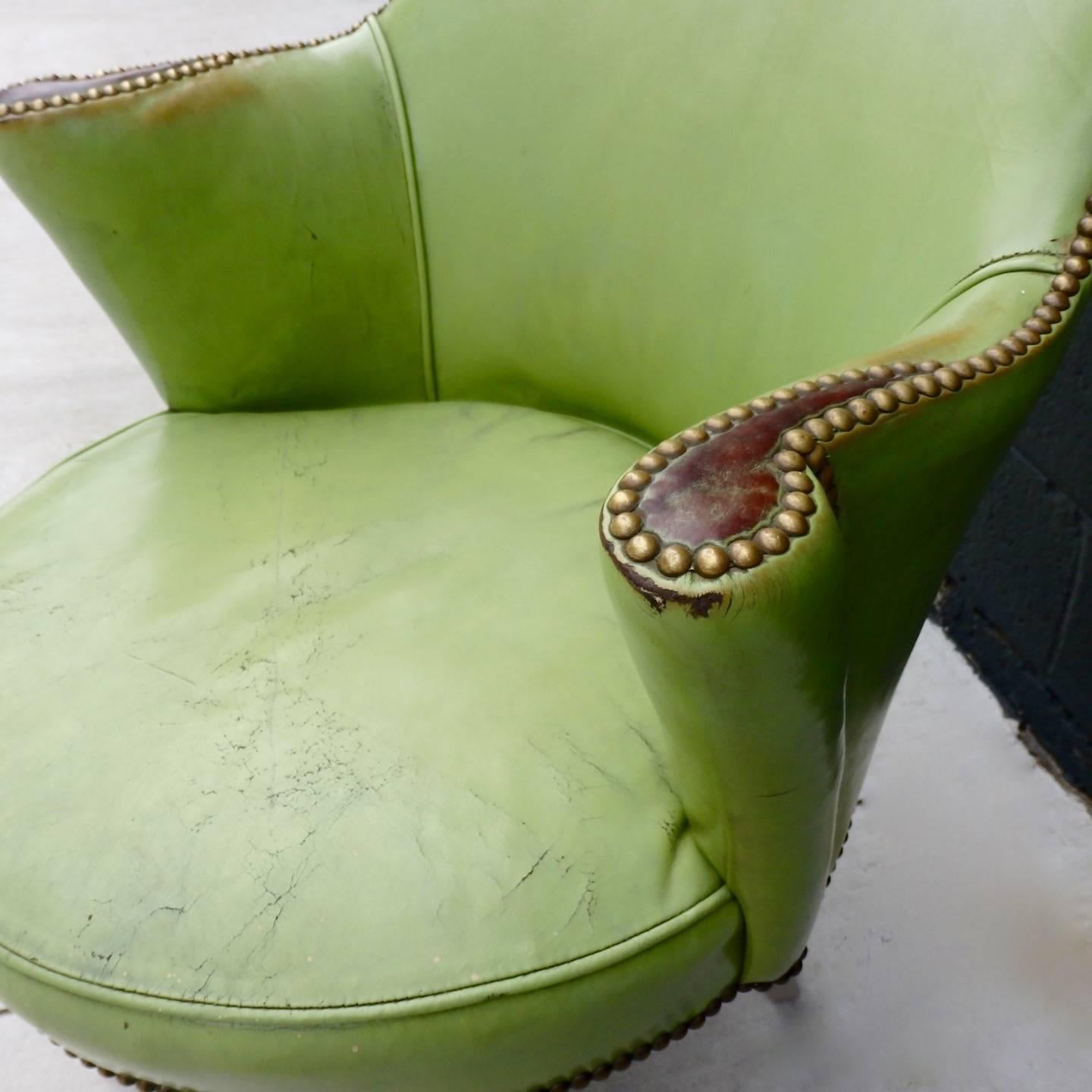 Worn Apple Green Art Deco Swivel Chair 2