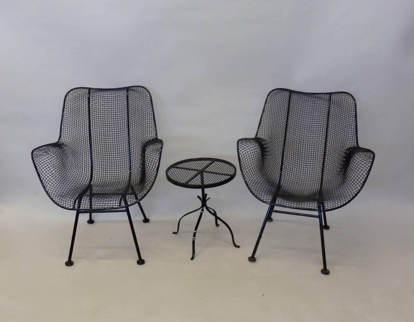 Mid-Century Modern Pair of Woodard Wrought Iron Tall Back Lounge Chairs with Table