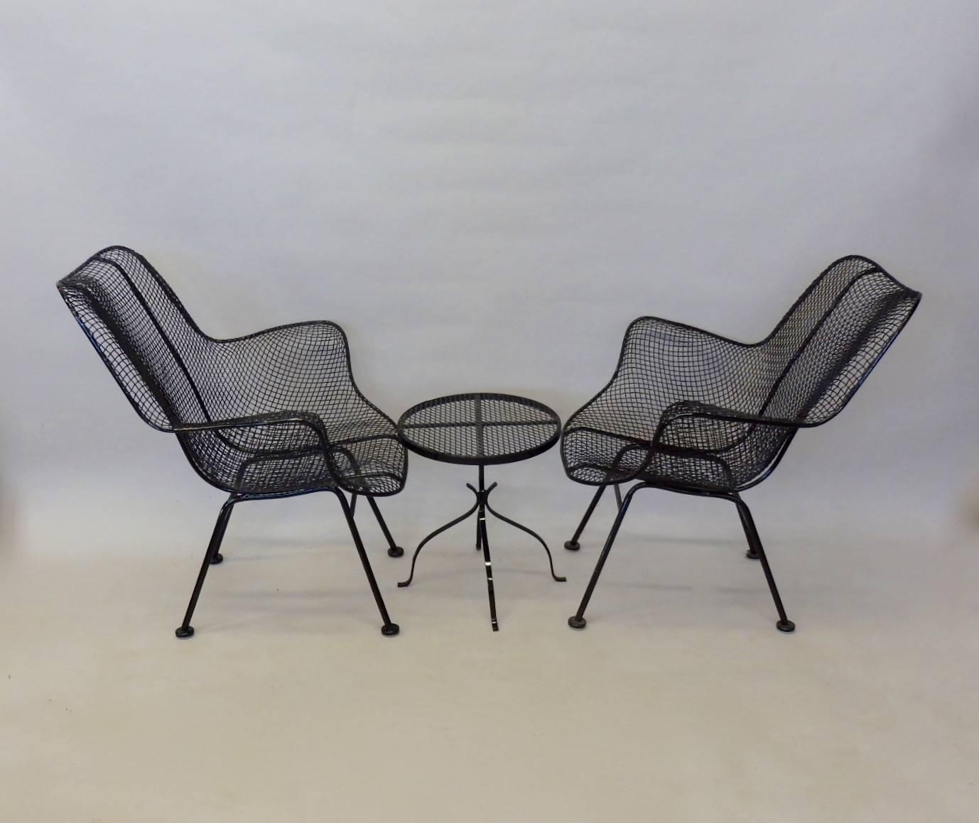 20th Century Pair of Woodard Wrought Iron Tall Back Lounge Chairs with Table