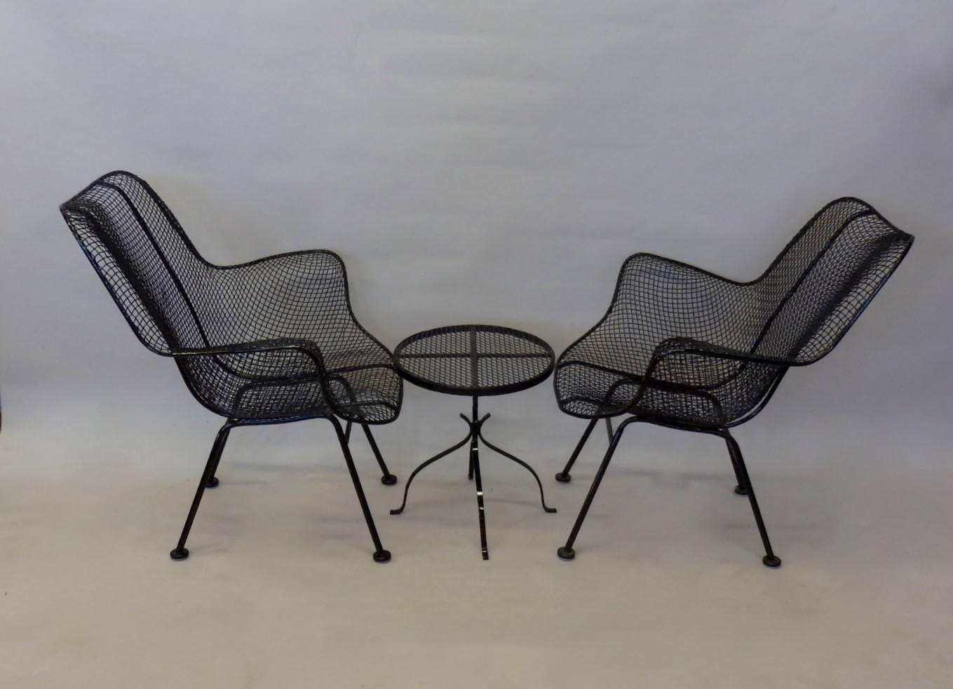 Powder-Coated Pair of Woodard Wrought Iron Tall Back Lounge Chairs with Table