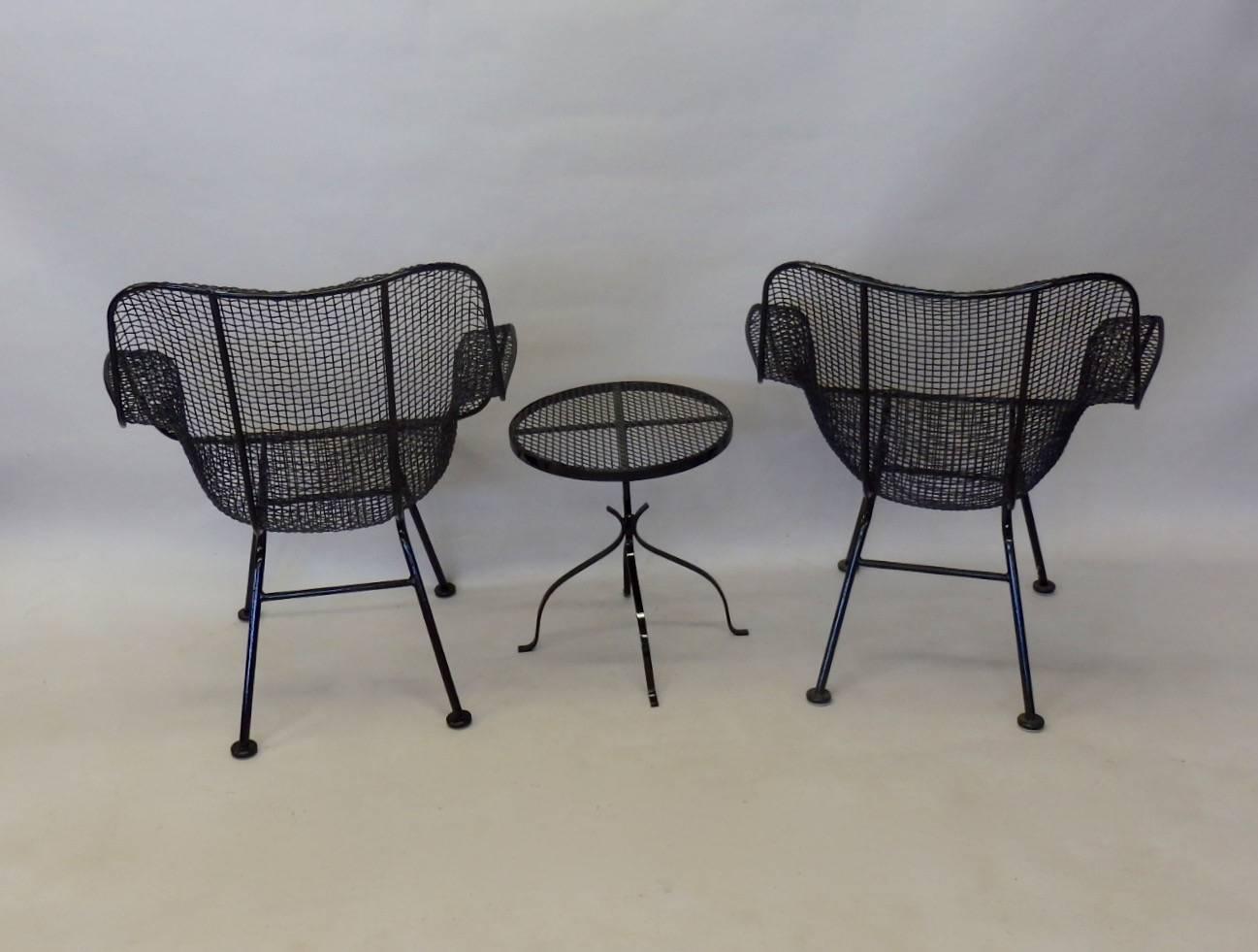 Steel Pair of Woodard Wrought Iron Tall Back Lounge Chairs with Table