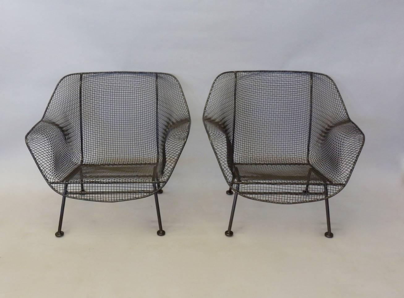 Mid-Century Modern Pair of Bronze Finish Woodard Wrought Iron Lounge Chairs