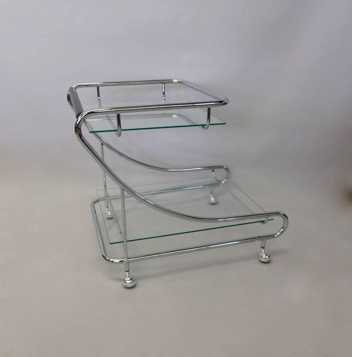 American Art Deco Styled Chrome with Glass Drinks Cart For Sale