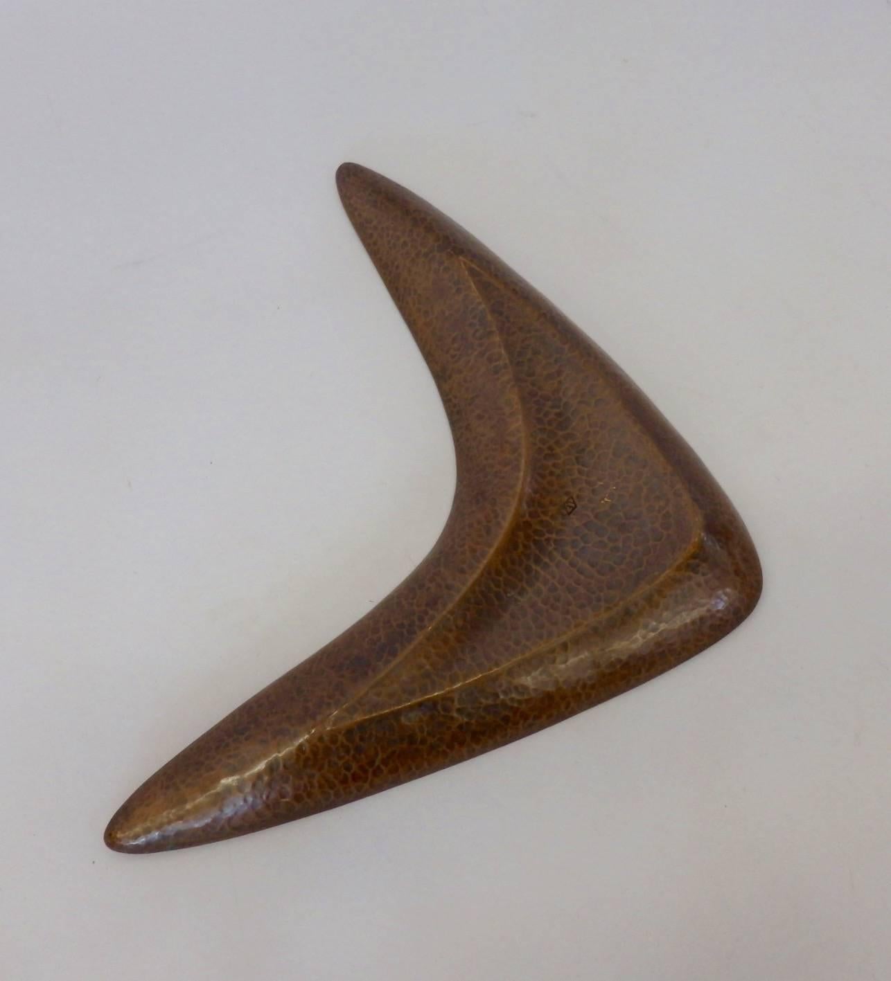 20th Century Well Crafted Hammered Copper Boomerang Dish Signed LE For Sale
