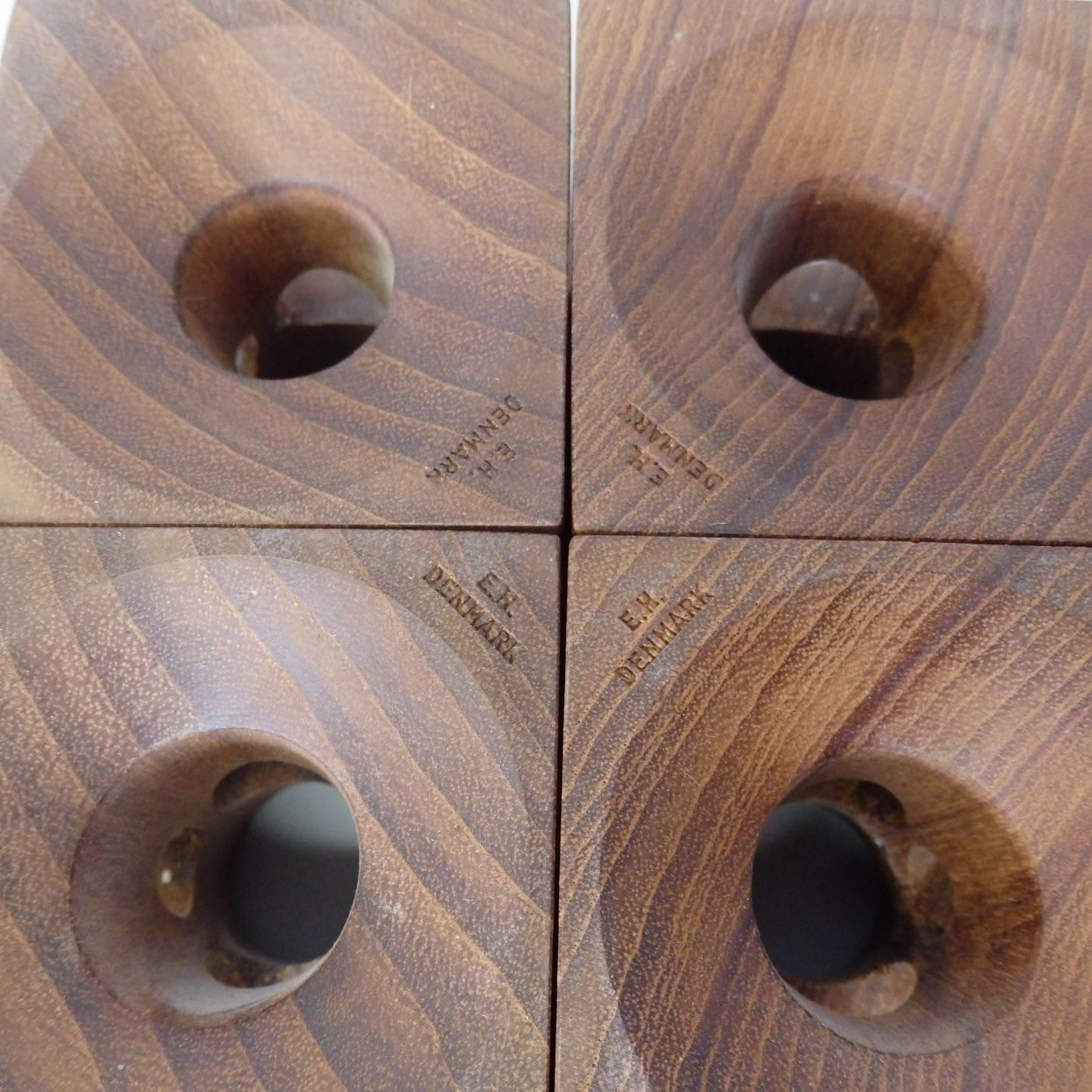 Four Multi Hole Dansk style Teak Candle Stands Marked E.H. Denmark In Excellent Condition In Ferndale, MI