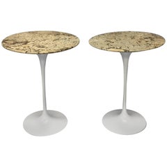 Pair of Custom Stone Top Early Iron Base Saarinen for Knoll Tulip Tables