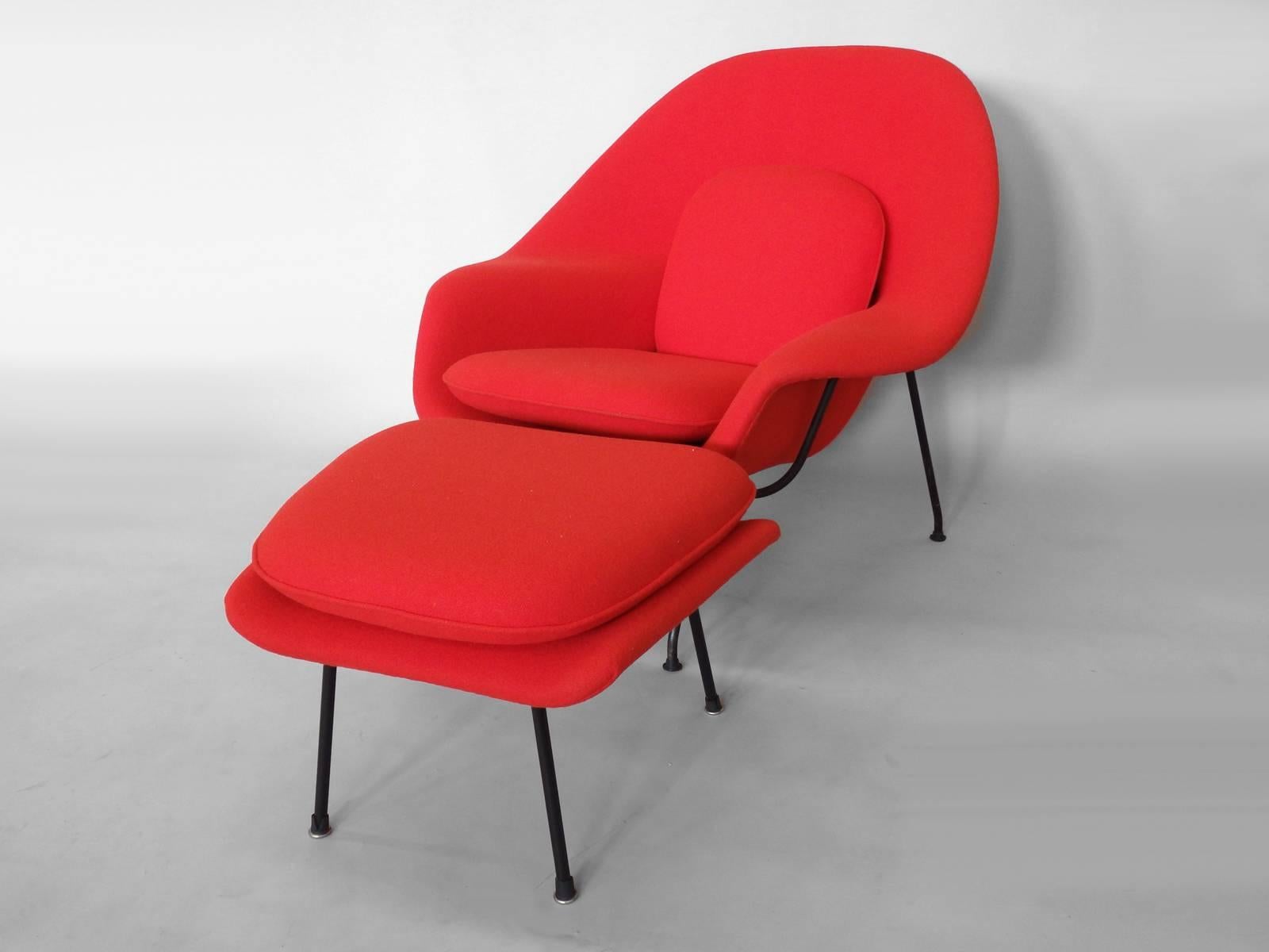 Eero Saarinen for Knoll. Shell has been re-foamed and correctly upholstered in period syle Maharam Kvadrat wool textile. Black frame powder coated new glides have been added.
Measures: Chair: 40” wide x 31” deep x 35.5” tall.
Ottoman: 20” deep x