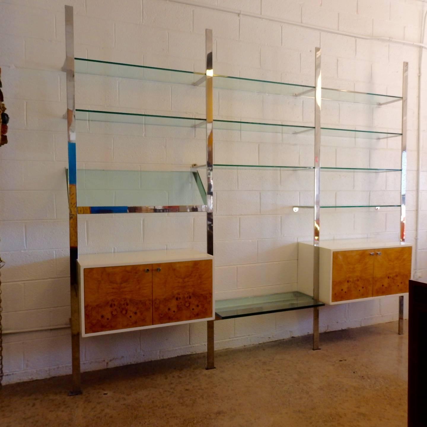 Mid-Century Modern Stainless Steel Pace Wall Unit with Lacquered Burl Wood Cabinets For Sale