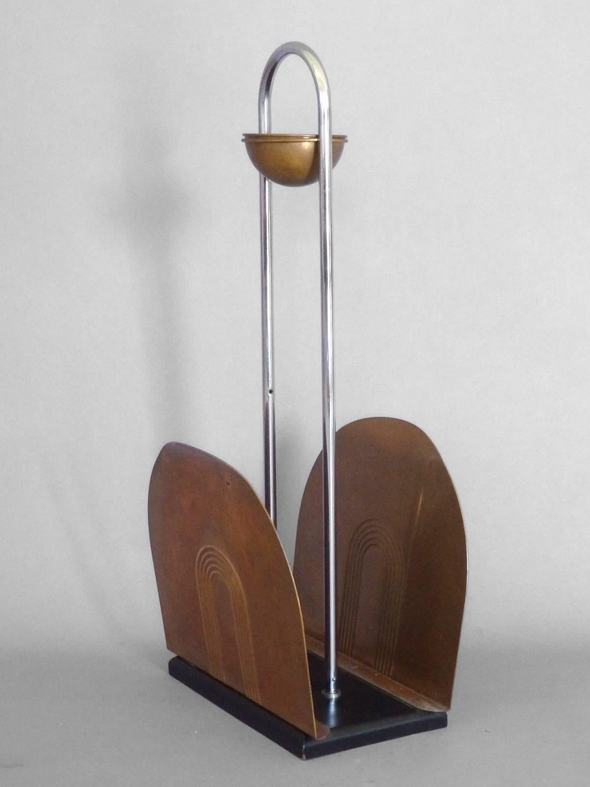 Machine Age Copper with Chrome Steel Art Deco Moderne Magazine Smoke Stand