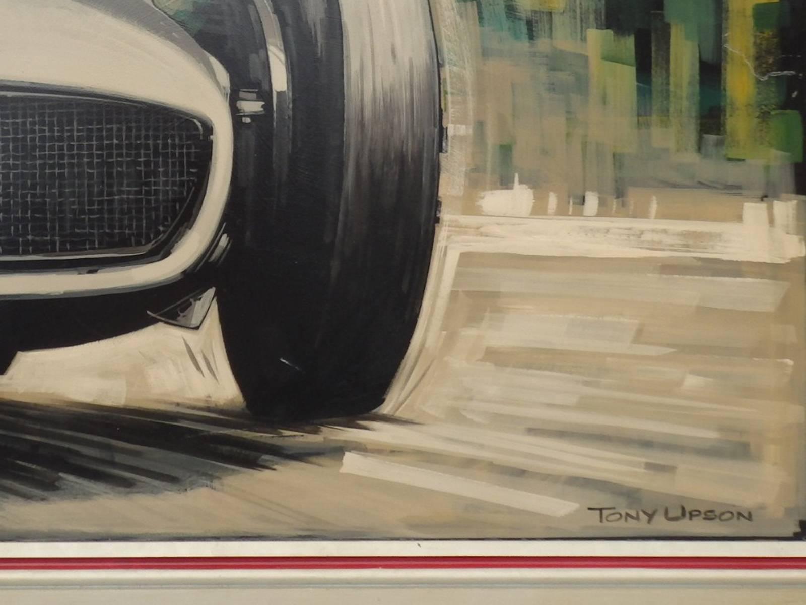 Mid-Century Modern Massive Oil on Board Mercedes Grand Prix Race Car Painting For Sale