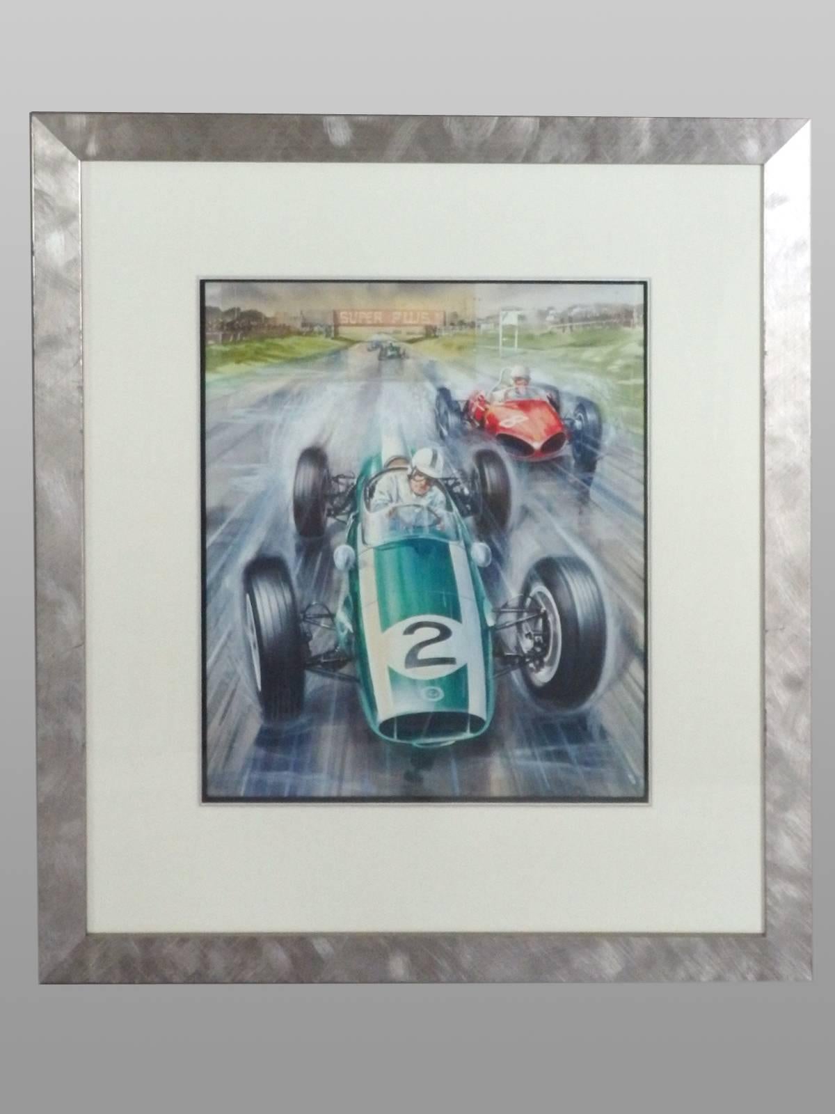 Possibly Illustration Art, signature not showing as matted.
One image is notated Jack Brabham in 1961 Cooper Climax.
Second notated Tony Brooks 1958 Vauxhall Italian Grand Prix Maza 1958.