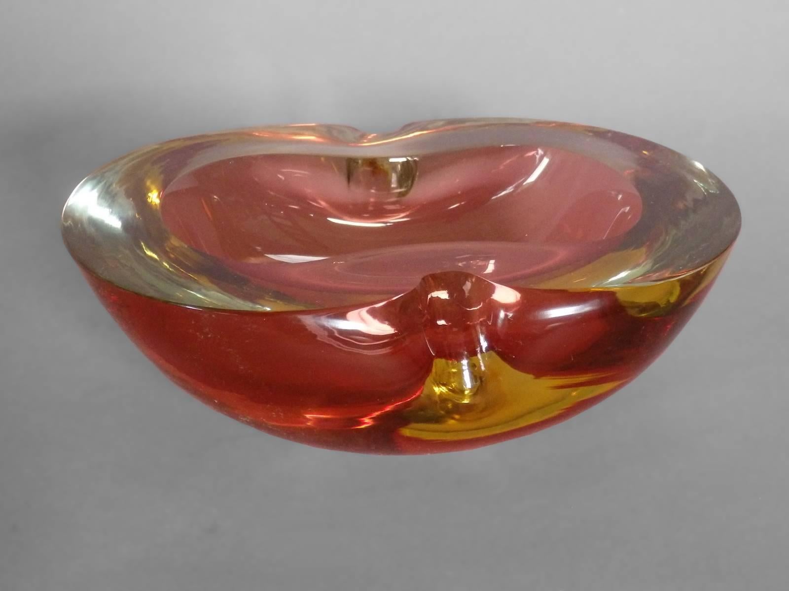 Mid-Century Modern  Heavy Murano Glass Clear to Vibrant Color Sommerso Pinched Bowl For Sale