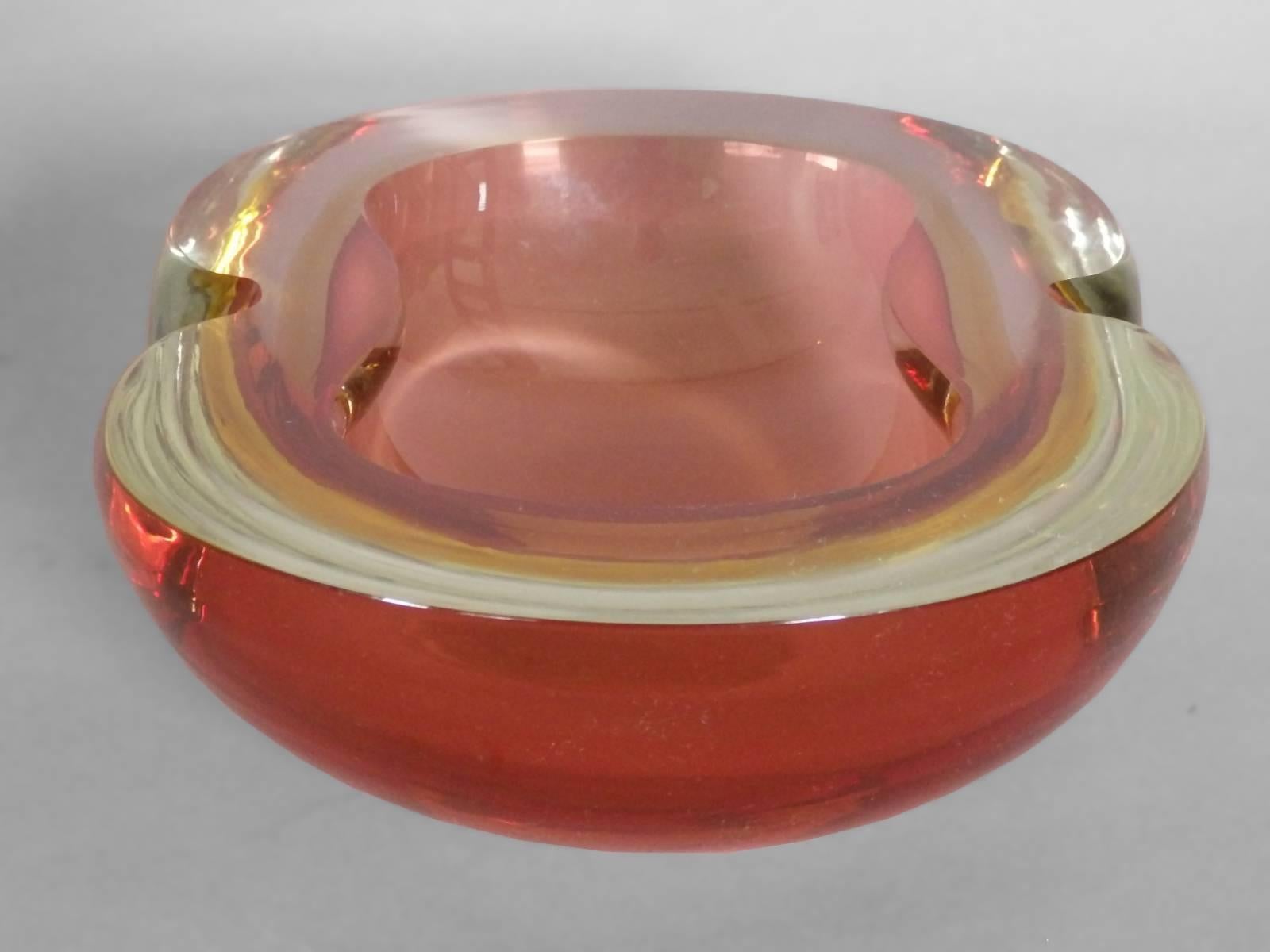 Italian  Heavy Murano Glass Clear to Vibrant Color Sommerso Pinched Bowl For Sale