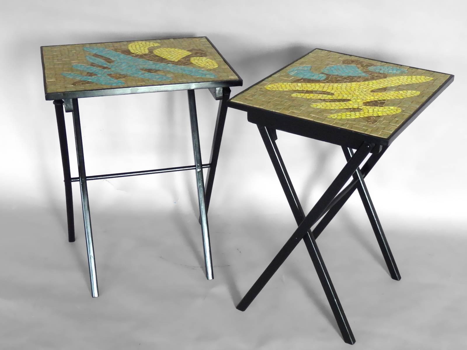 Lacquered Pair of Organic Design Mosaic Glass Tile Top Fold Up Tables