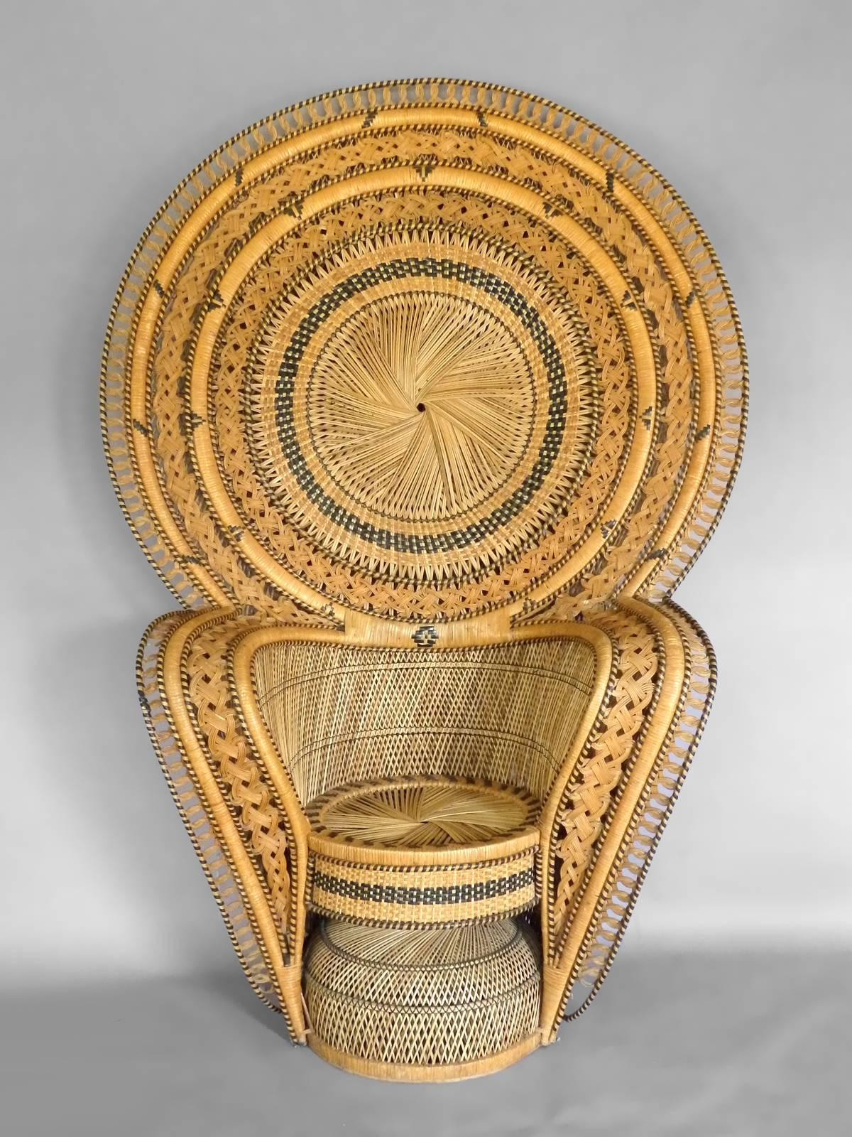 Large and impressive woven rattan peacock chair with ottoman.
Ottoman: 19 diameter x 15 tall.