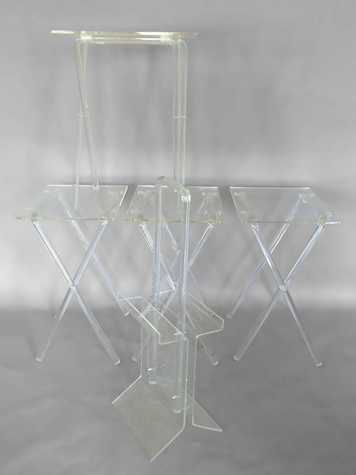 Nest of Four Lucite Folding Tables with Stand In Excellent Condition In Ferndale, MI