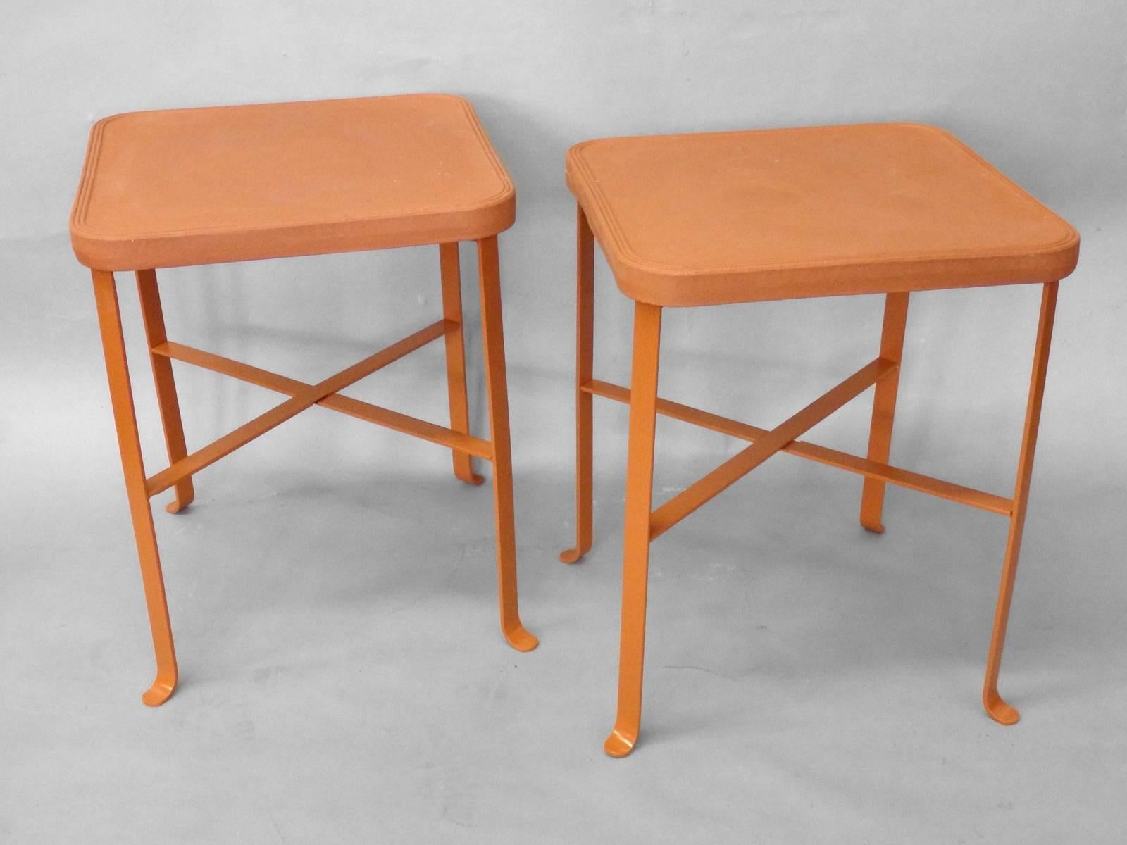 Pair of Bennington pottery terra cotta outdoor tables. Bennington pottery attributed to David Gil.