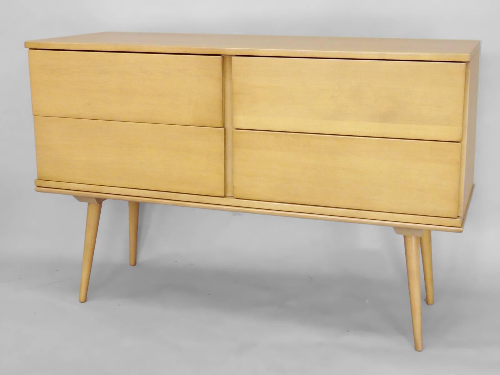 Mid-Century Modern Paul McCobb Style Marc Berge Blonde Four Drawer Cabinet on Bench