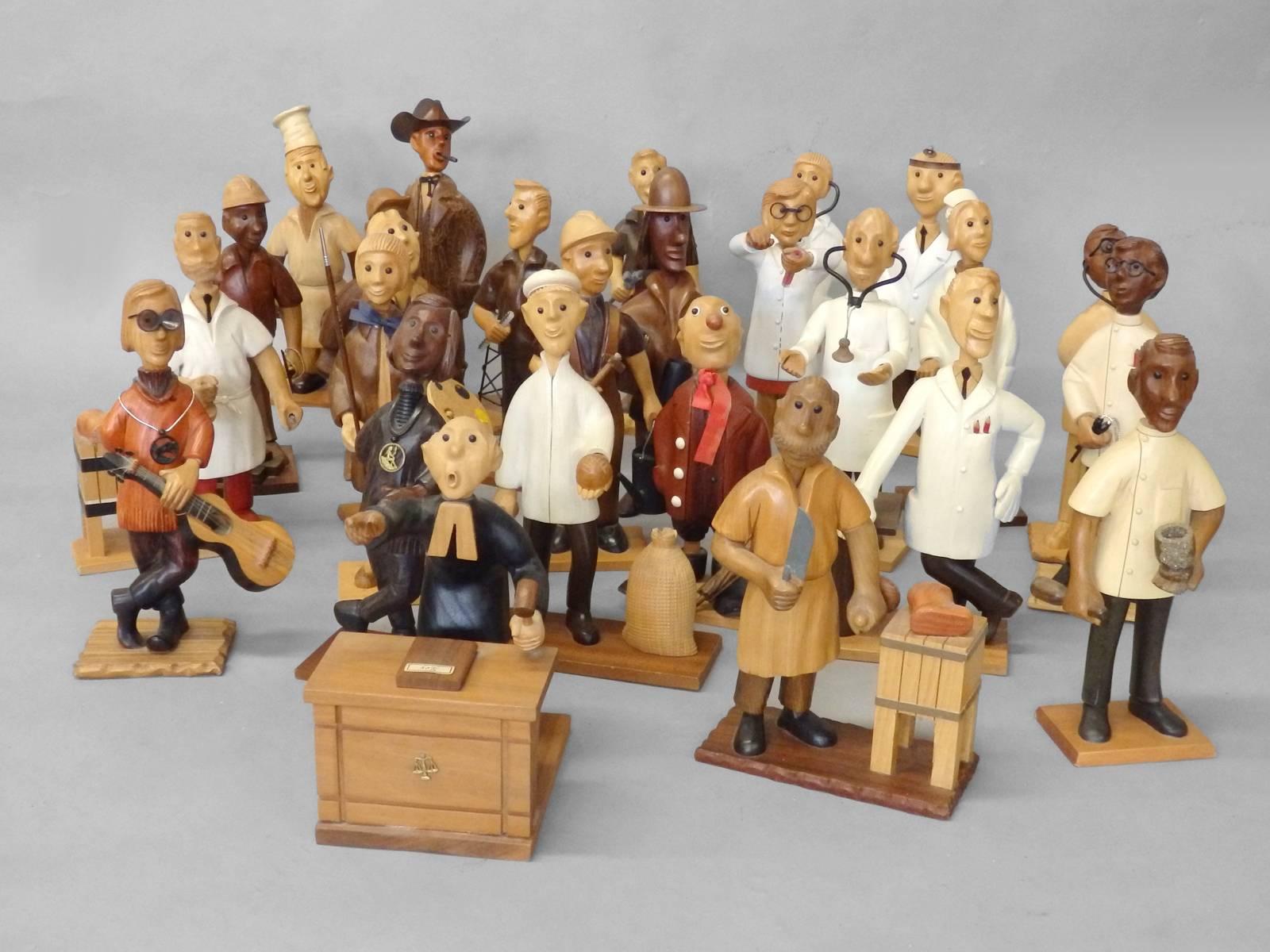 Mid-20th Century Large Collection of 42 Whimsical Carved Italian Figures For Sale