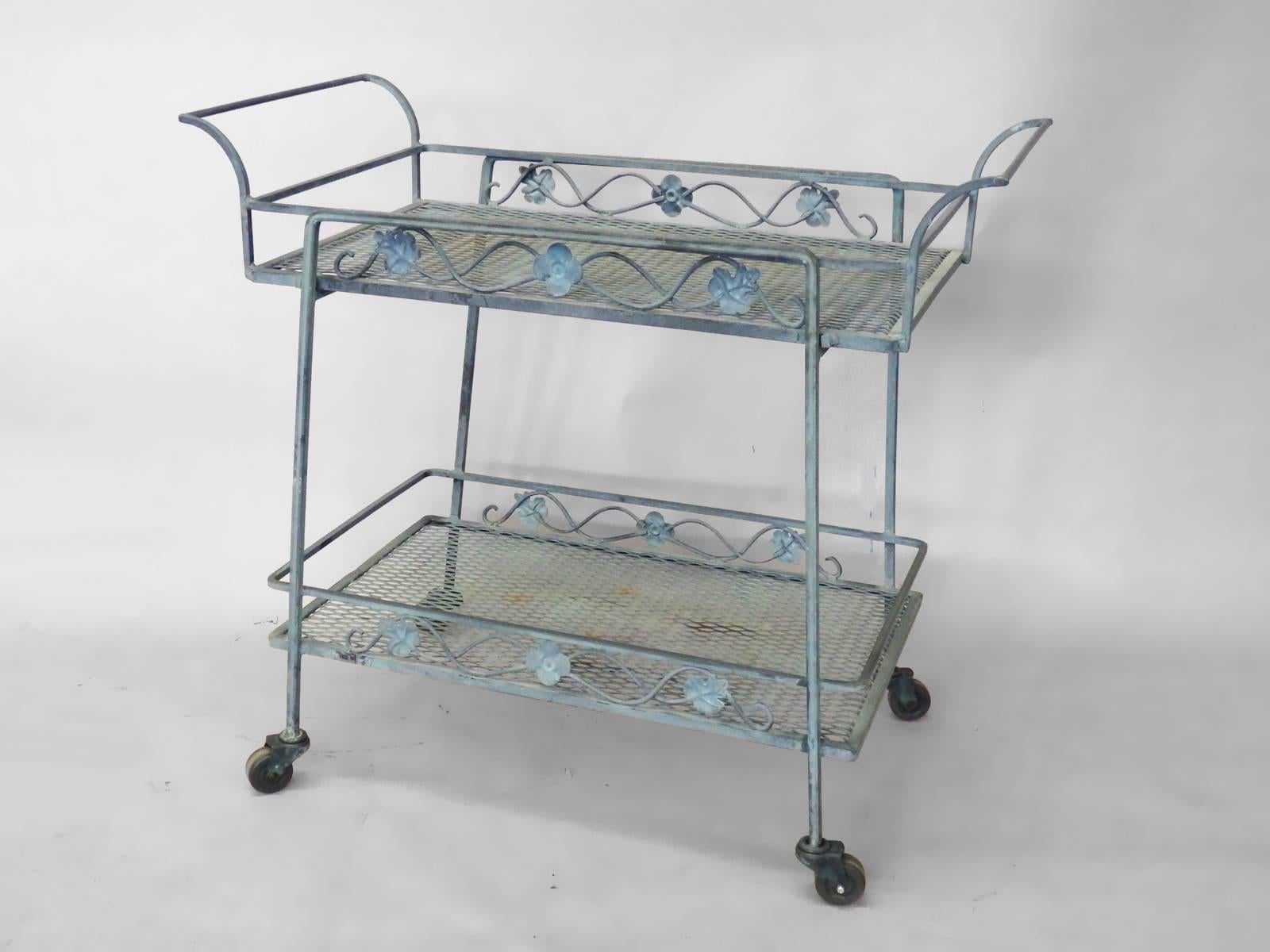 Russell Woodard Co. wrought iron drinks cart with removable tray.