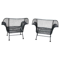 Nicely Restored Russell Woodard Wrought Iron with Steel Mesh Lounge Chairs, Pair