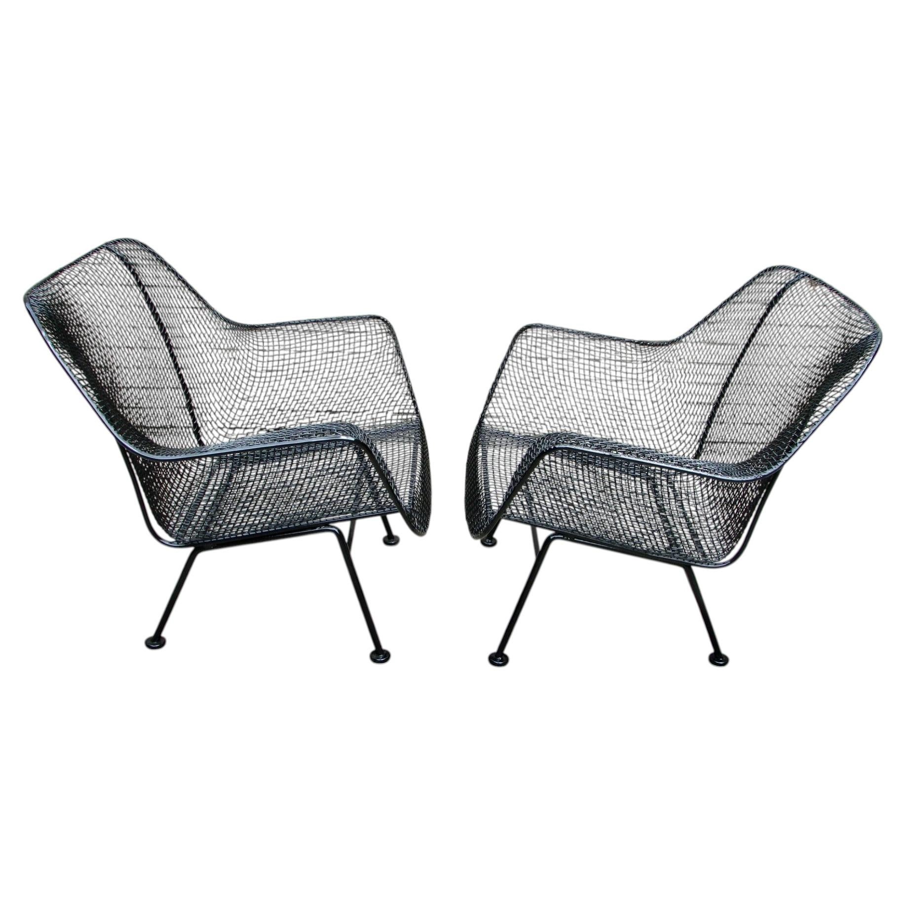 Nicely Restored Russell Woodard Wrought Iron with Steel Mesh Lounge Chairs, Pair For Sale