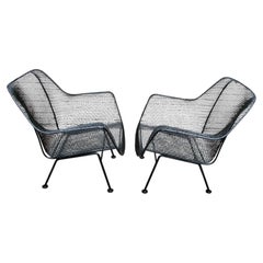 Nicely Restored Russell Woodard Wrought Iron with Steel Mesh Lounge Chairs, Pair