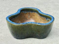 Thick walled bio-morphic planter pot in blue and green glaze