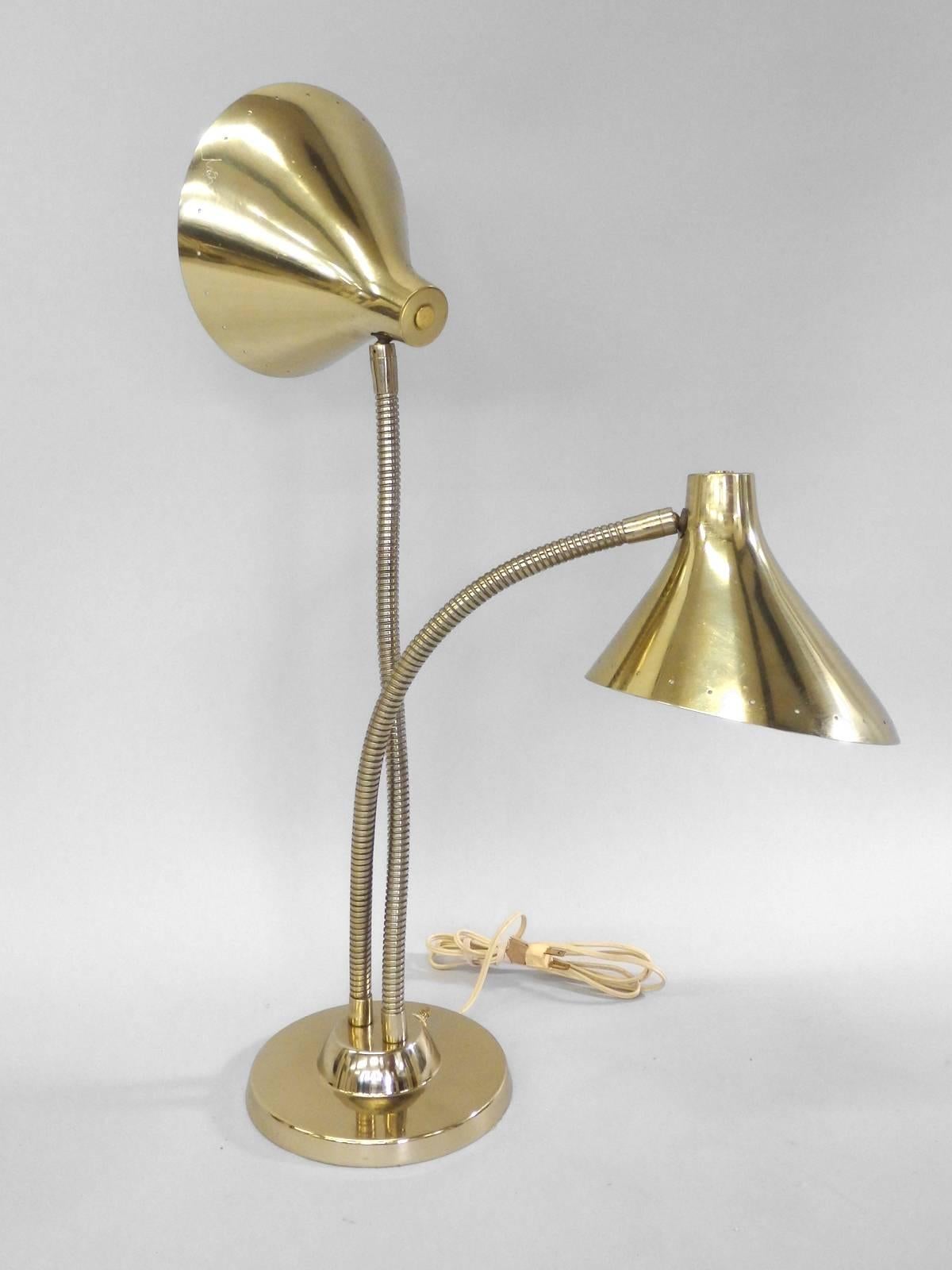 Stilnovo double gooseneck brass desk lamp.