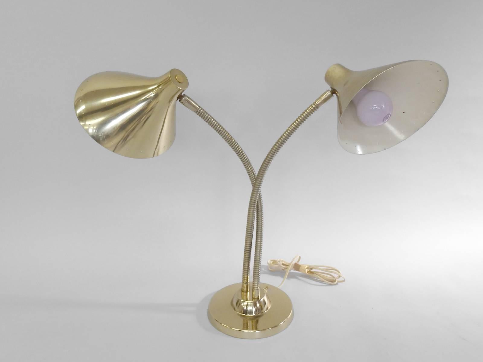 Italian Stilnovo Double Gooseneck Brass Desk Lamp
