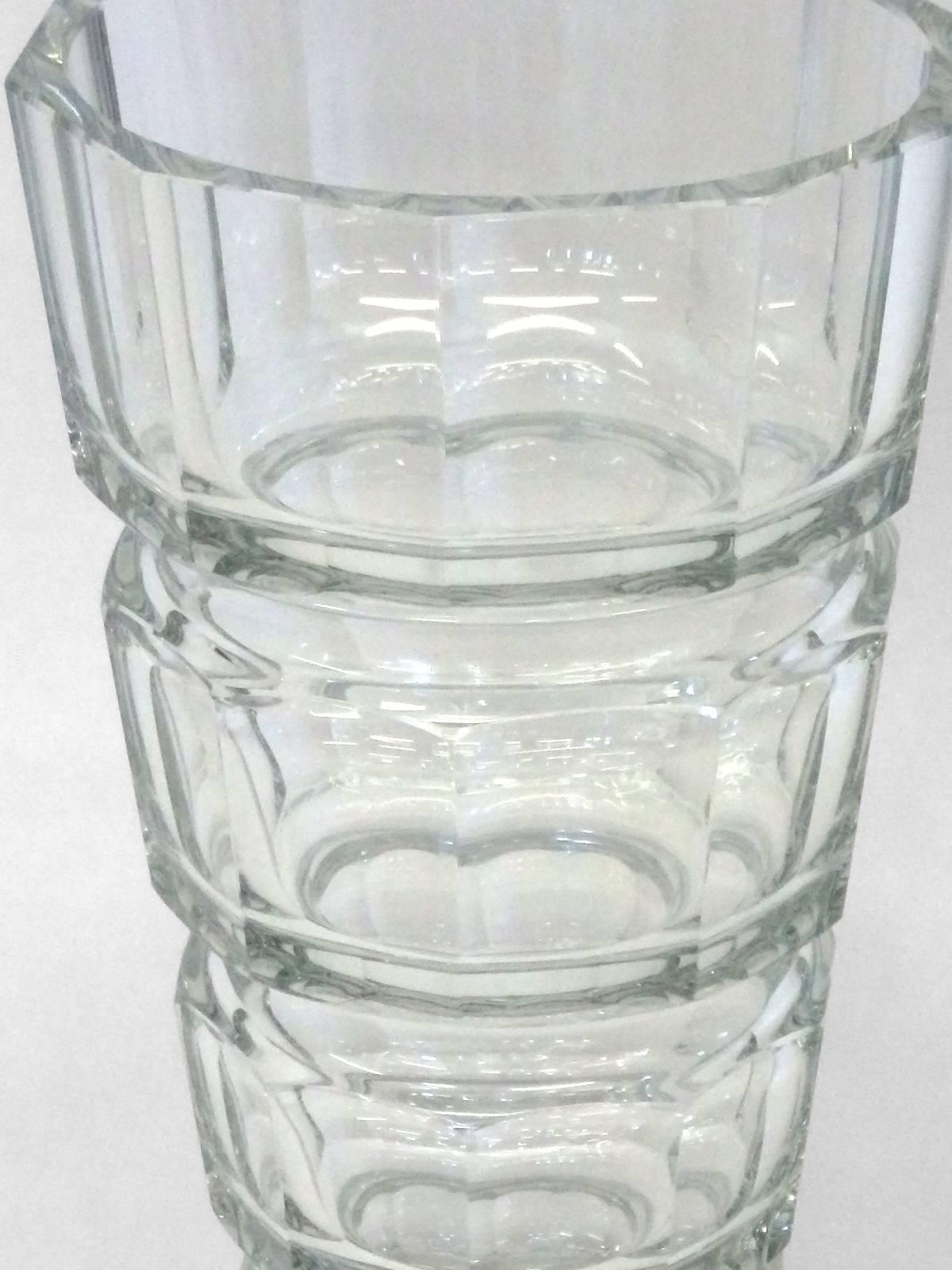 Josef Hoffmann designed crystal glass vase. Attributed to Moser.
Measures: 6.75 diameter (opening) x 12 tall.