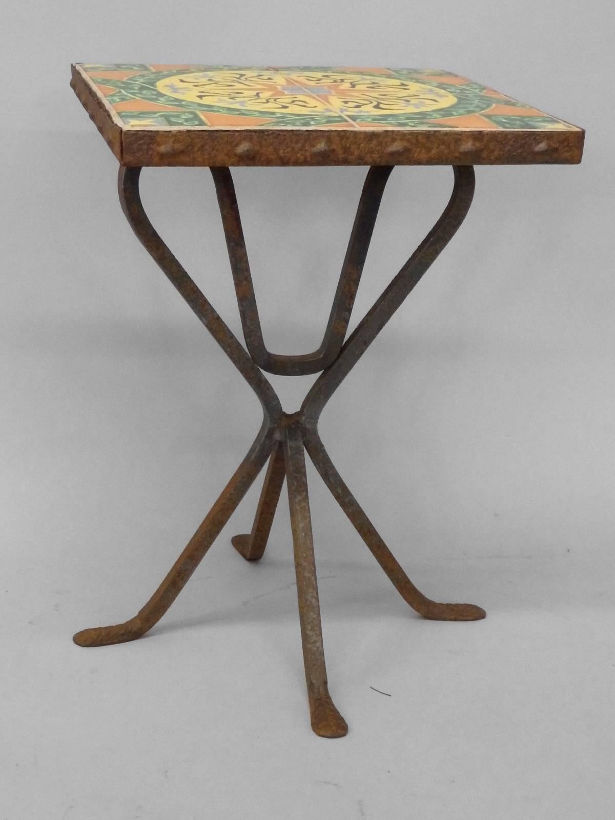 Wrought iron base Catalina tile-top occasional table. Catalina Tile, California.