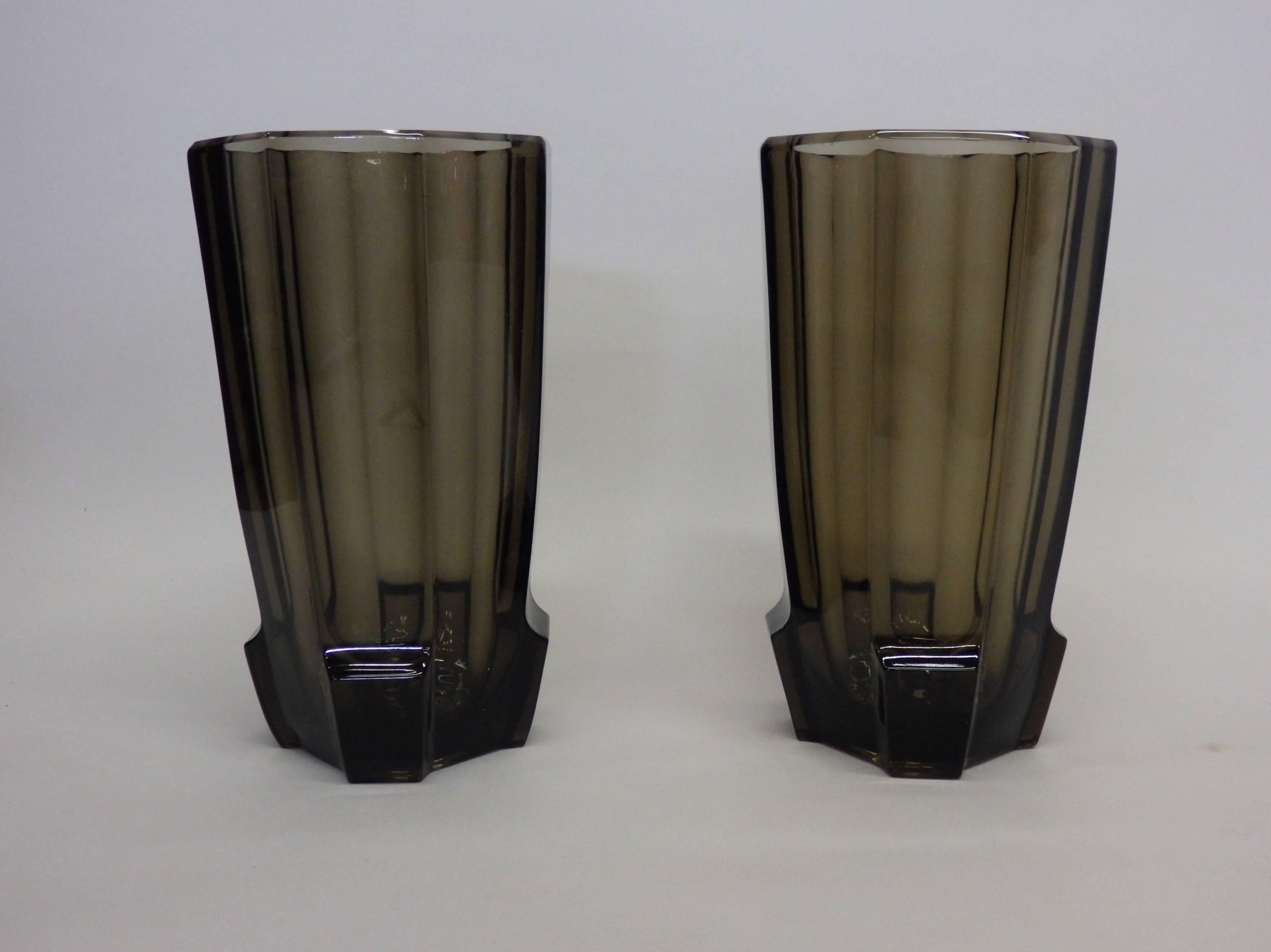 Pair of faceted Art Deco vases in the style of Moser.