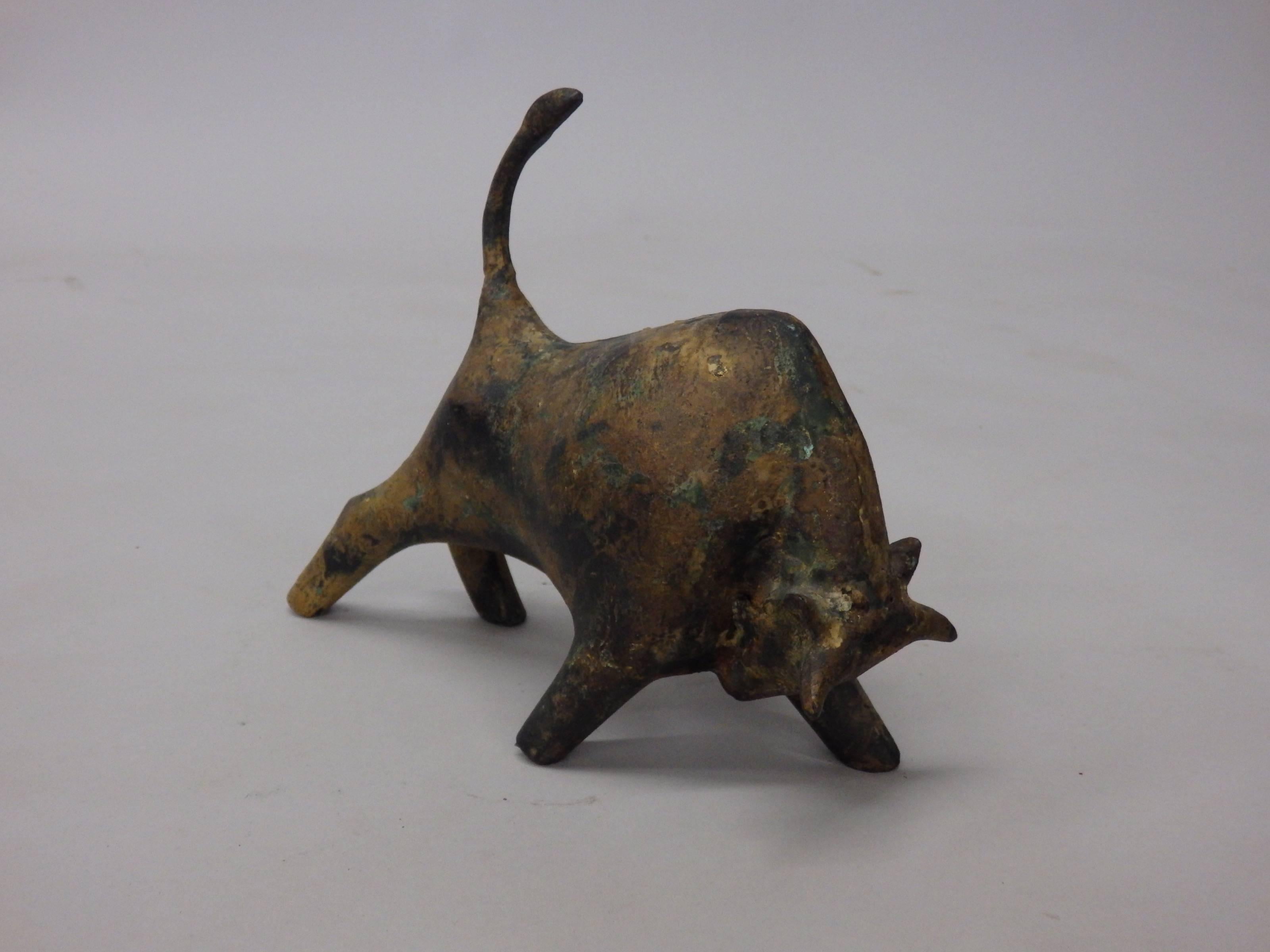 Brutalist Cast Iron Stylized Bull Sculpture in Worn Finish In Excellent Condition In Ferndale, MI