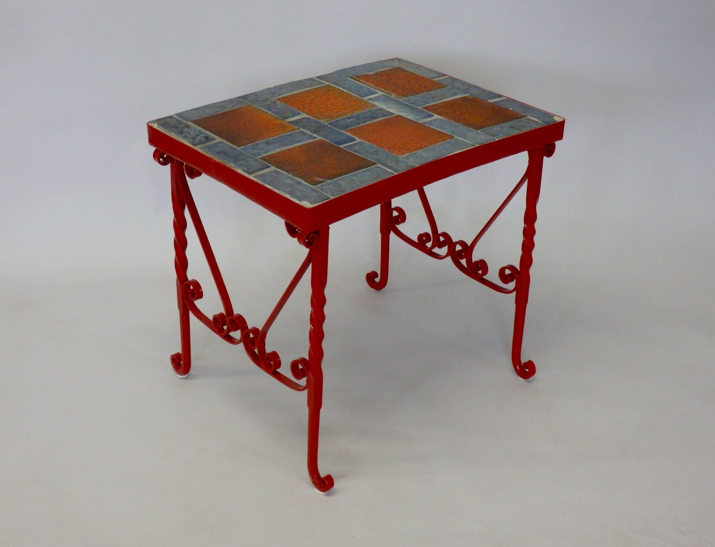 American Early Tile in Cement Top Wrought Iron Table