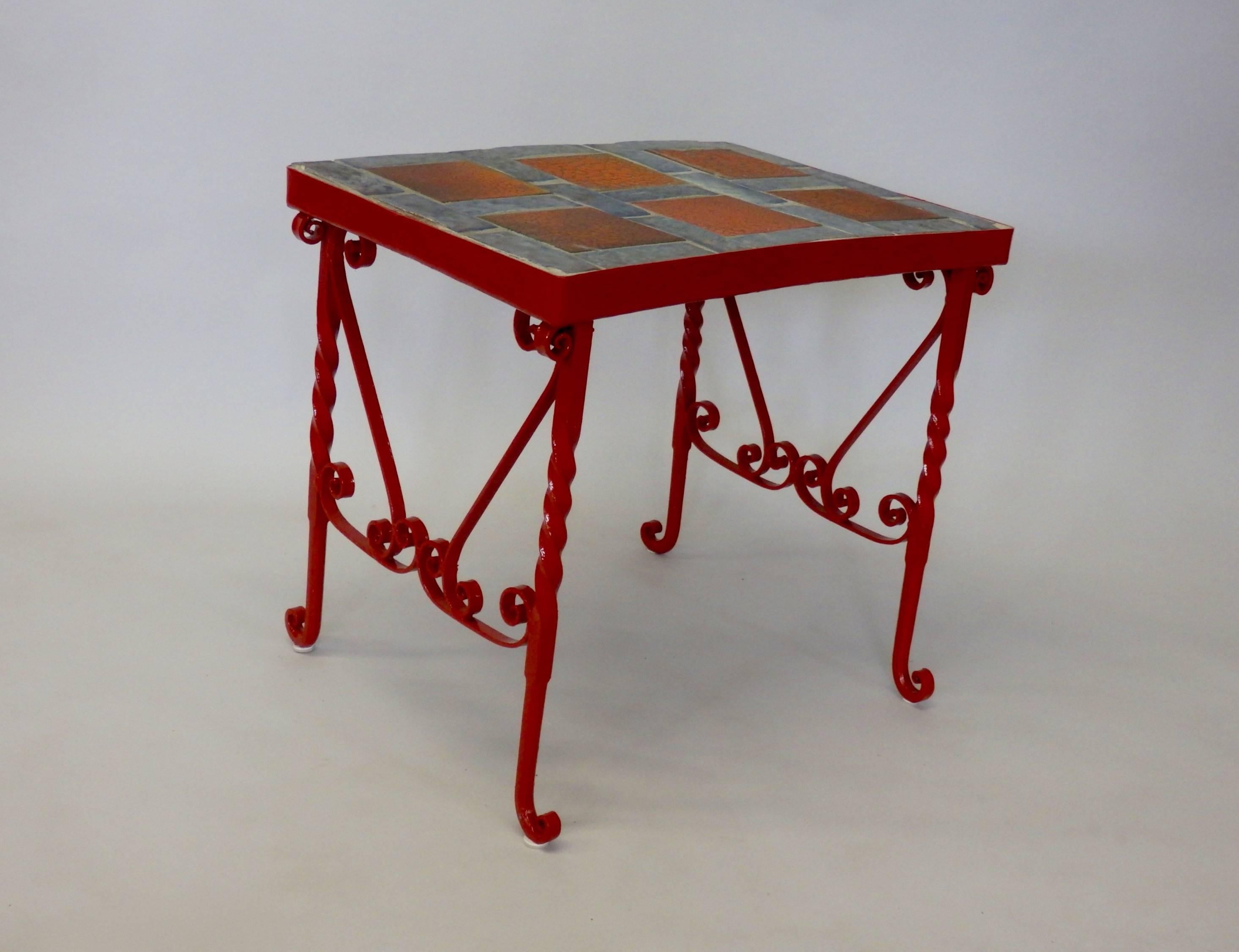 Hand-Crafted Early Tile in Cement Top Wrought Iron Table