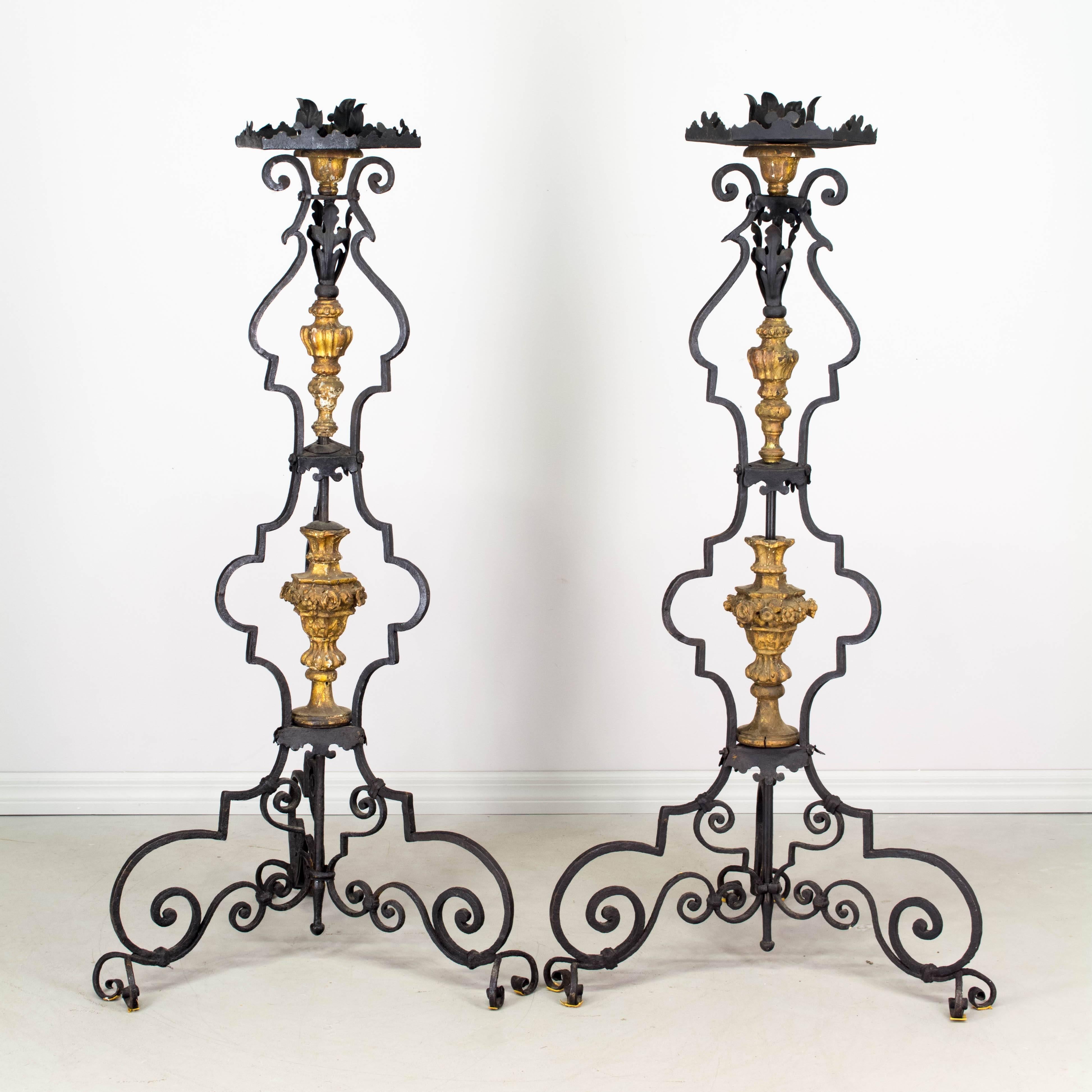 Baroque Pair of 19th Century Italian Wrought Iron Torchieres
