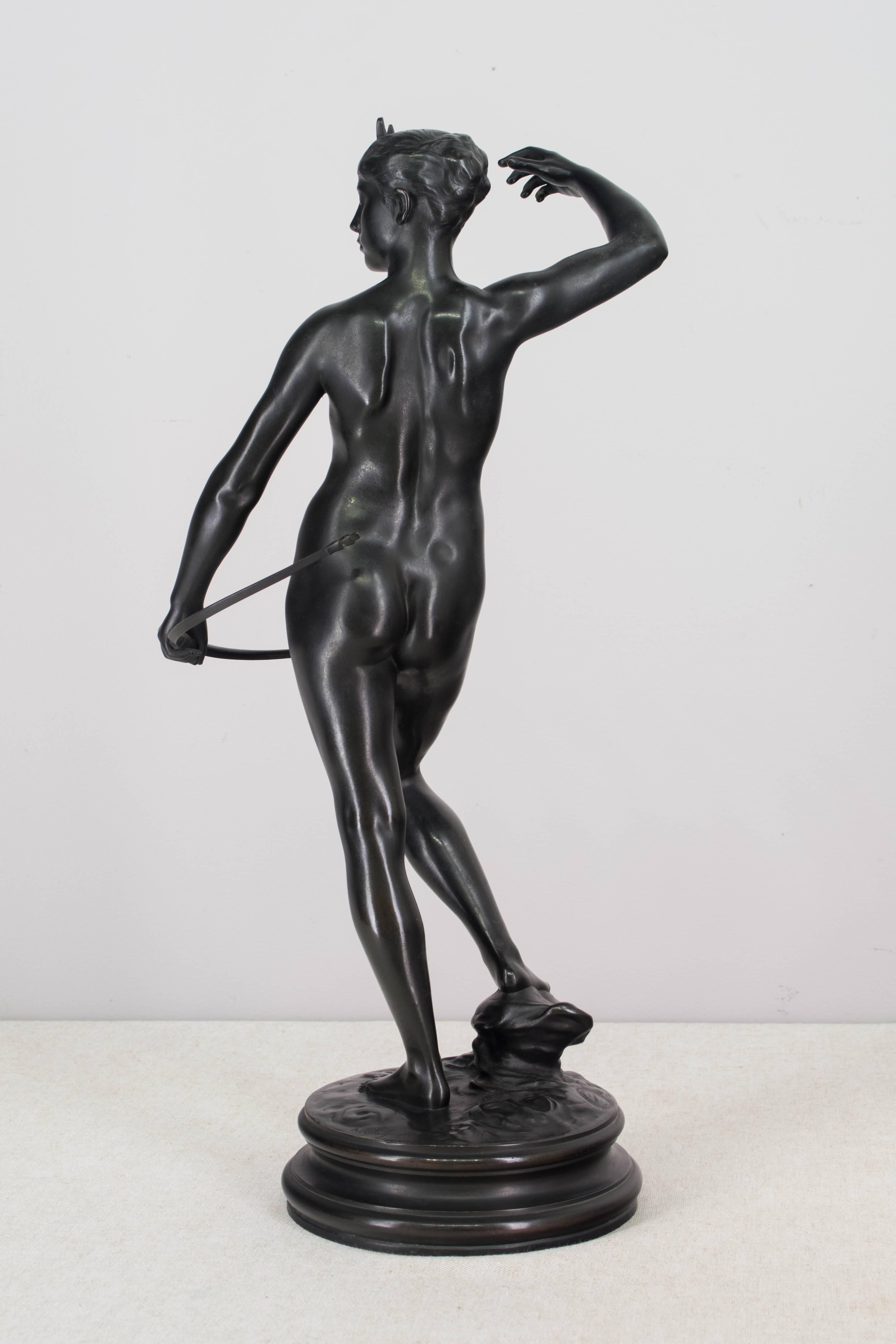 19th century French bronze sculpture of Diana the Huntress by Jean Alexandre Falguiere (1831-1900). Cast in Paris by Thiebaut Freres Fondeurs. Fine quality with even dark patina. Foundry mark and artist's signature on base, circa 1880-1900.